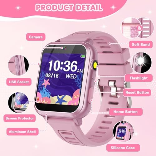 Smart Watch for Kids with 39 Games Touchscreen Camera Video, Music Player, Pink