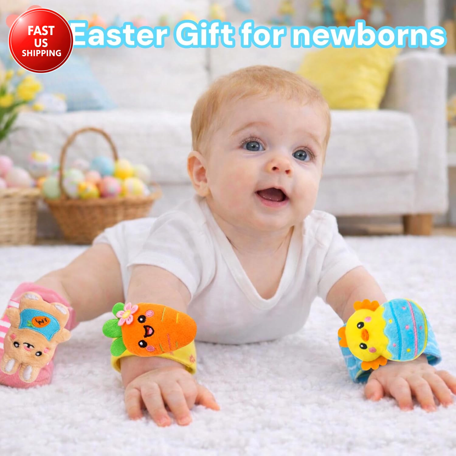 Easter Baby Wrist Rattle Socks and Foot Finder Set, Infant Girl Boy Toys for Bab