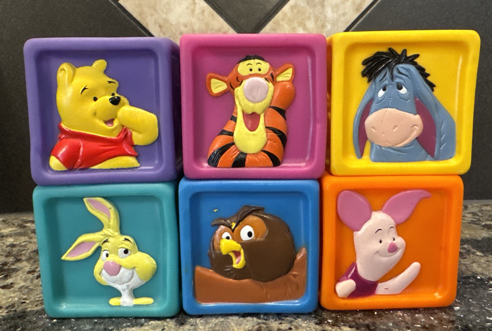 Vintage Disney Winnie The Pooh & Friends Blocks Set 6 Soft Rubber Toy Colorful