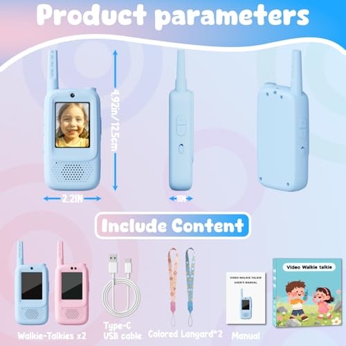 Video Walkie Talkies for Kids, Handheld 2 Pack Rechargeable Video Blue/Pink