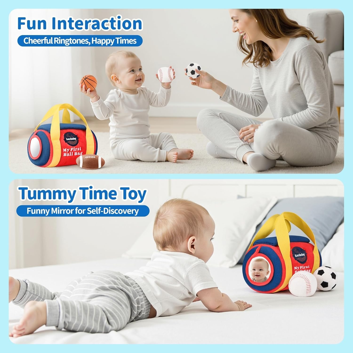Baby Toys Fabric Sensory Balls Musical Mirror Sports Bag Gift 0-12M