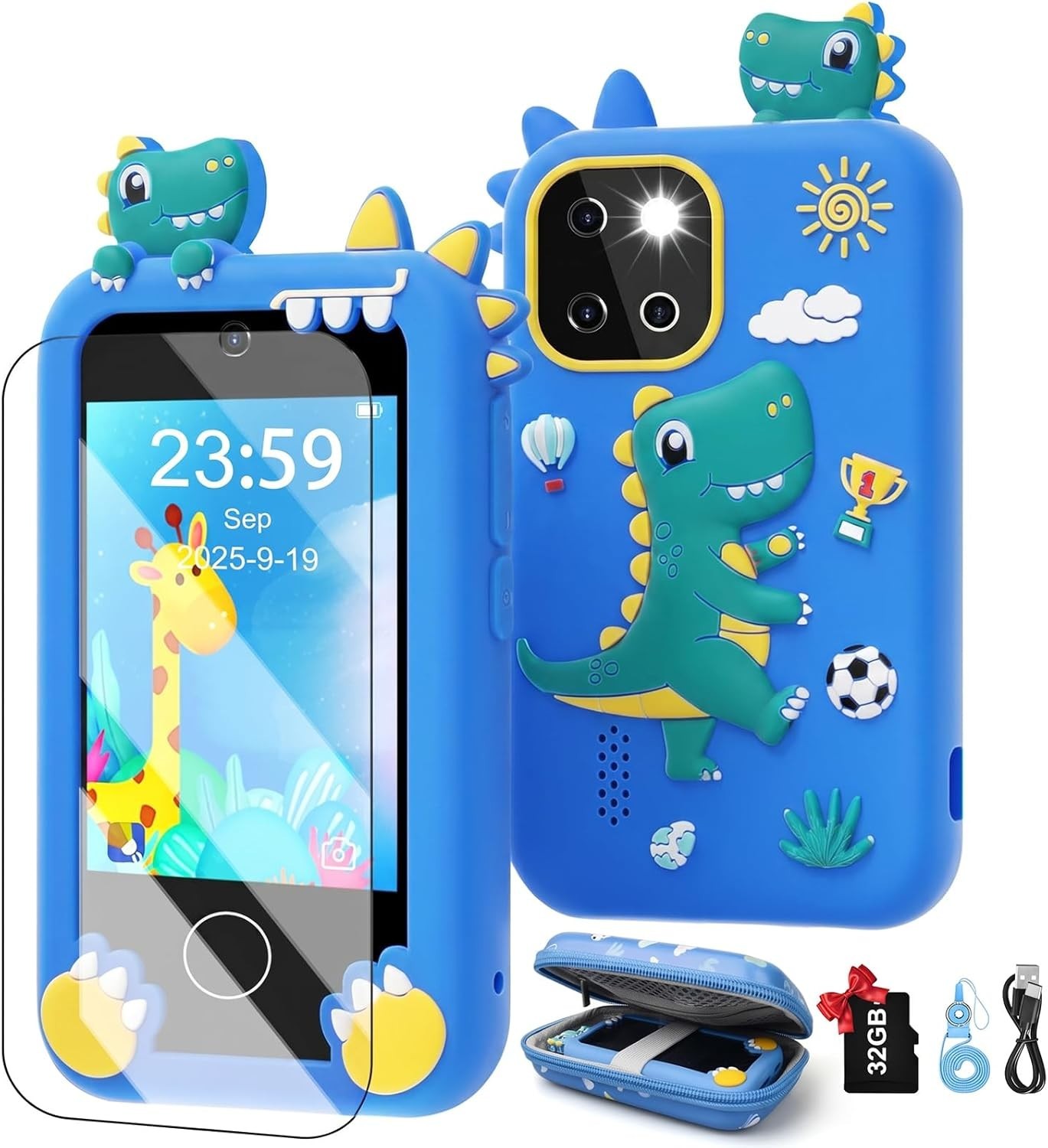 Dinosaur Kids Phone Toddler Learning Toy w/ 32GB Card Dual Camera Dino Bag