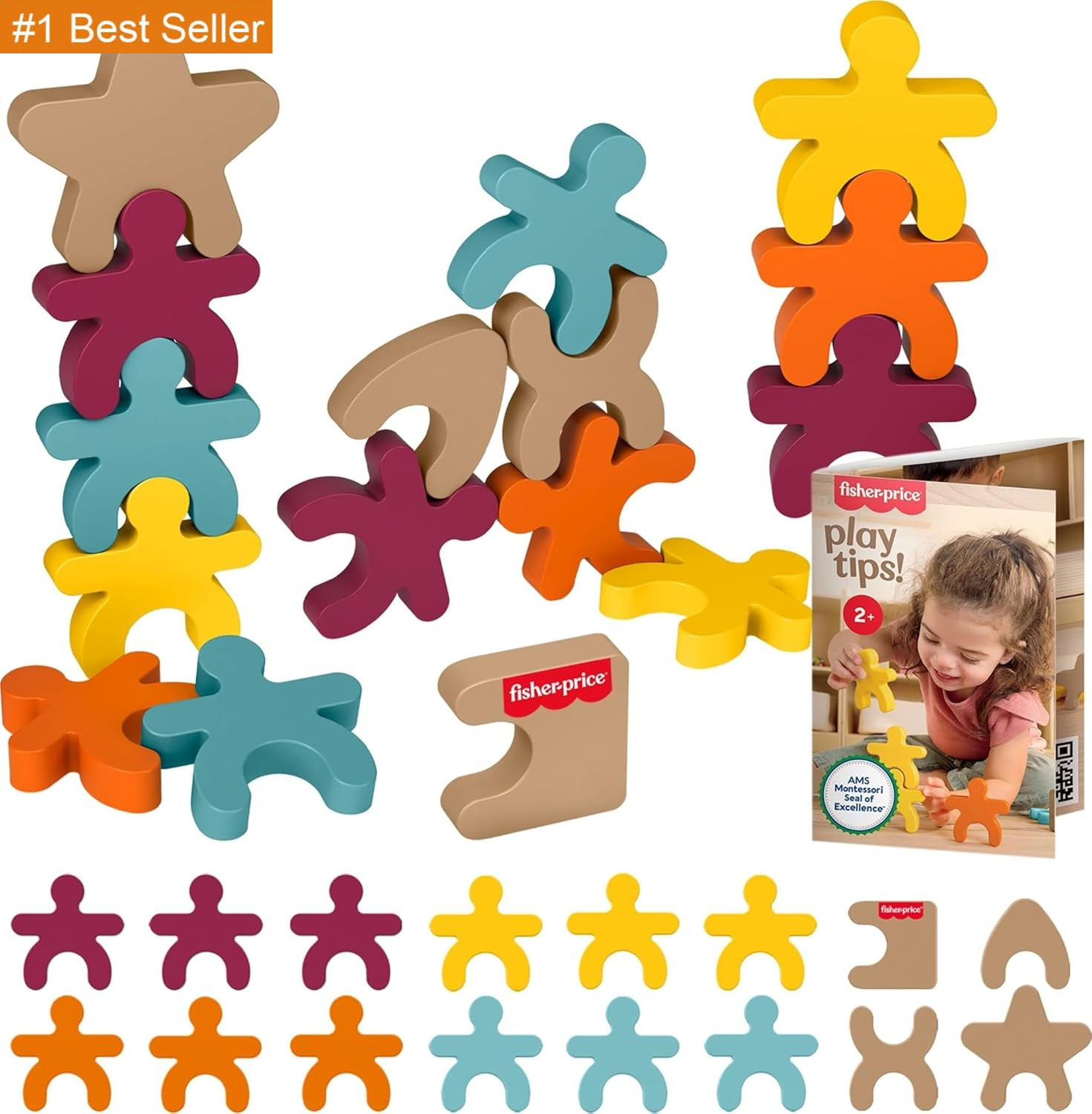 Fisher-Price Wood Montessori Toy Stacking Shapes, American Montessori Society Se