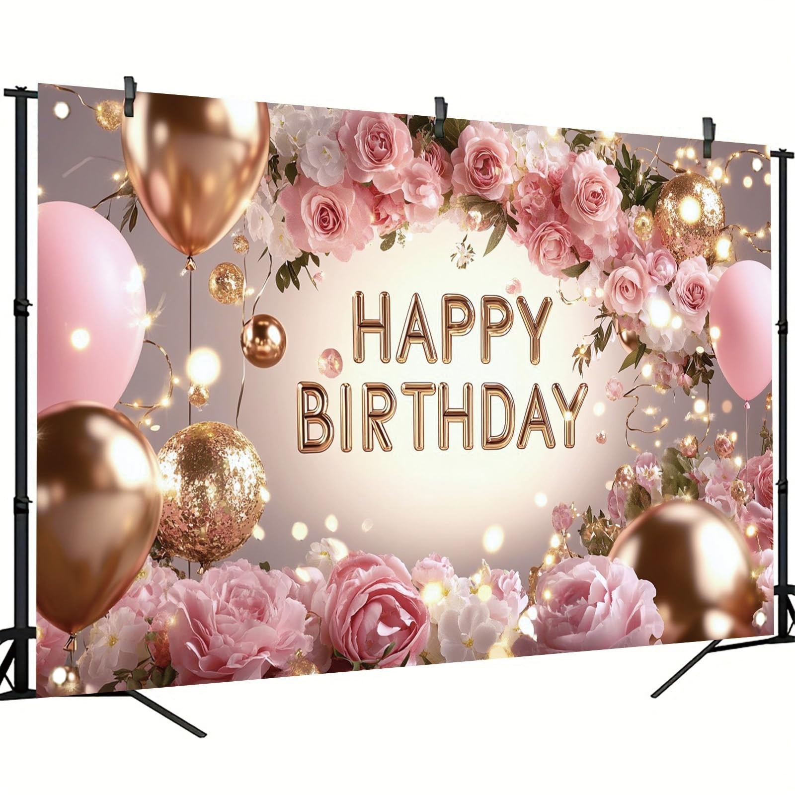 Pink Rose Happy Birthday Backdrop Banner Gold Glitter Crown Photography Backg…