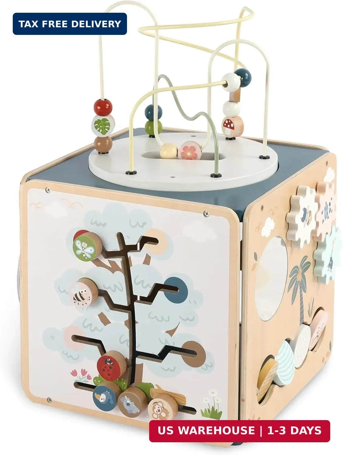 FReniland Wooden Montessori Activity Cube for Toddlers, Large 7-in-1 Multi-Activ