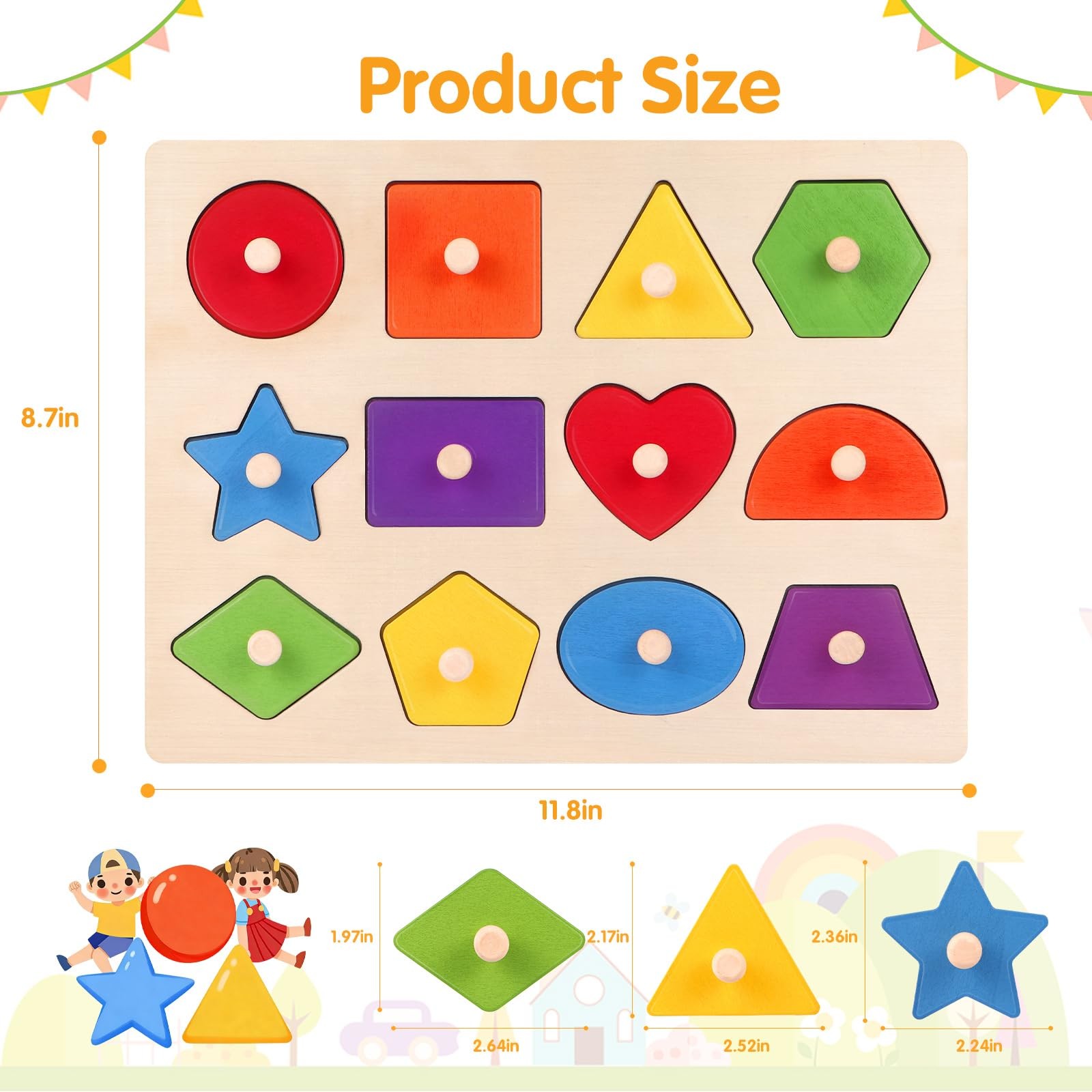 Montessori Wooden Peg Shape Puzzles for Toddlers, Sturdy Easy-Grip Educationa…