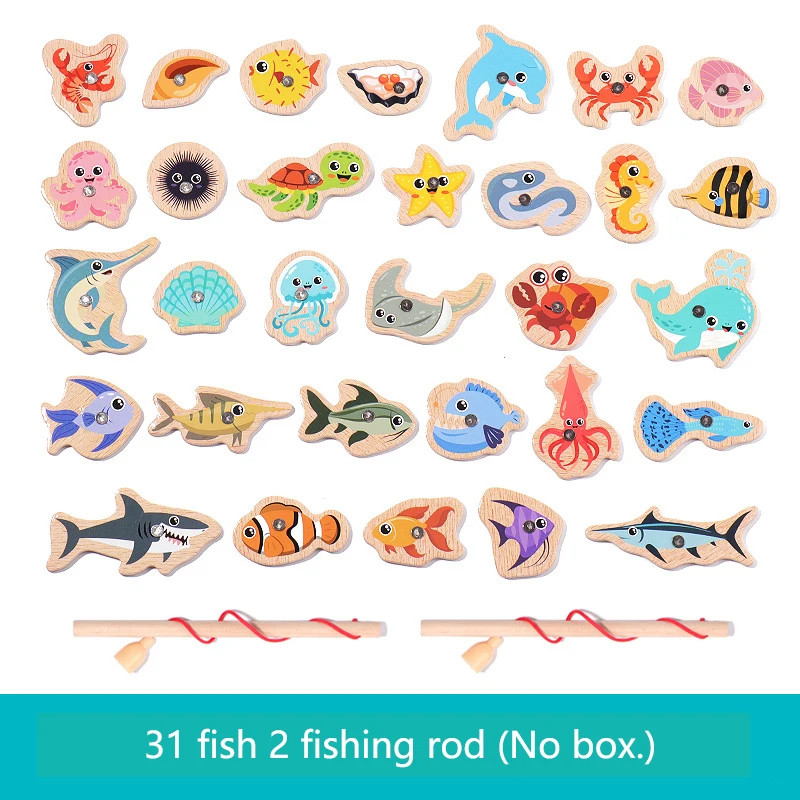 Montessori Wooden Magnetic Fishing Toys Marine Life Cognition Fish Games Early E