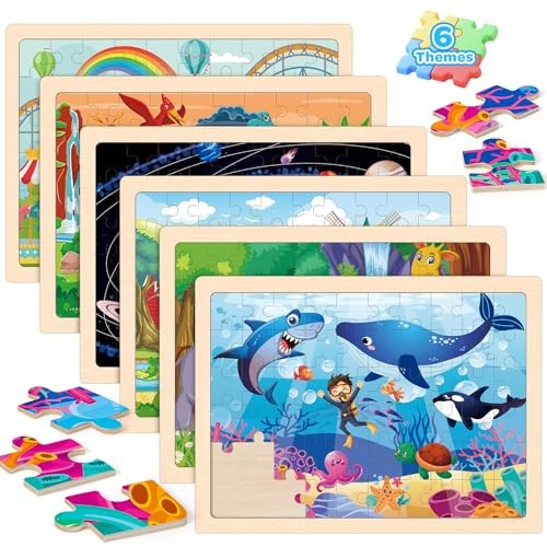 6 Pack Wooden Vehicle Puzzles for Kids Age 3 4 5 Year Old, 60 Pcs Animals