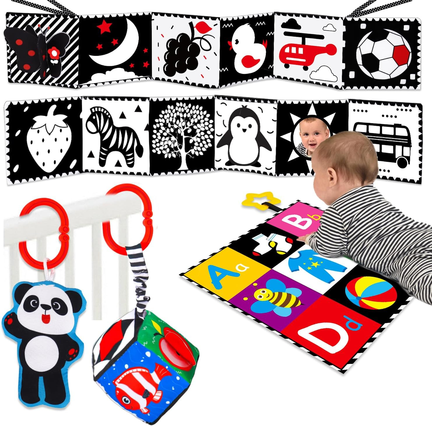 4PCS Black & White High Contrast Baby Toys 0-3-6 Months Newborn Essential Toy
