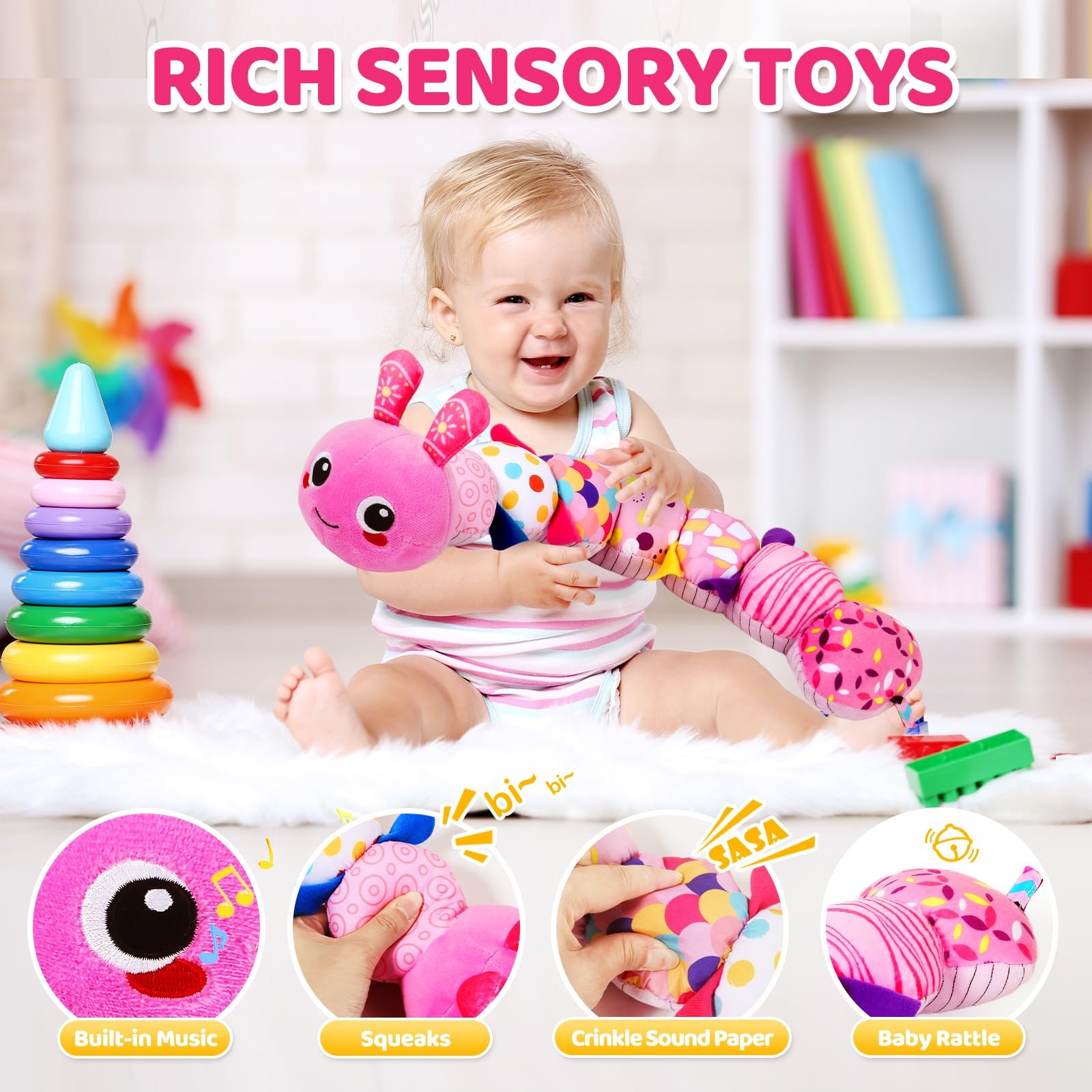 Baby Sensory Caterpillar Toys for 0-6 6-12 Months, Soft Plush Activity with C…