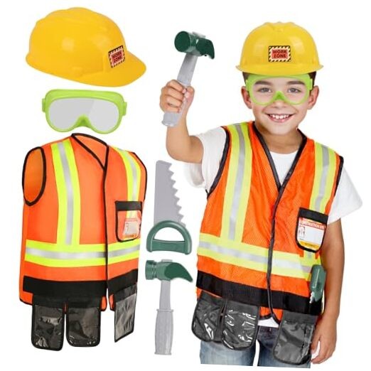 Kids Tool Set for Boys Girls 3-5 Years, Construction Worker Costume with Hat,
