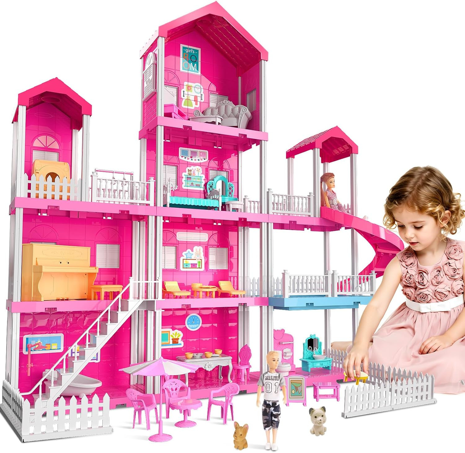 Doll House Playset Girls Villa Toy Miniature Furnitures 4-Story 10-Room