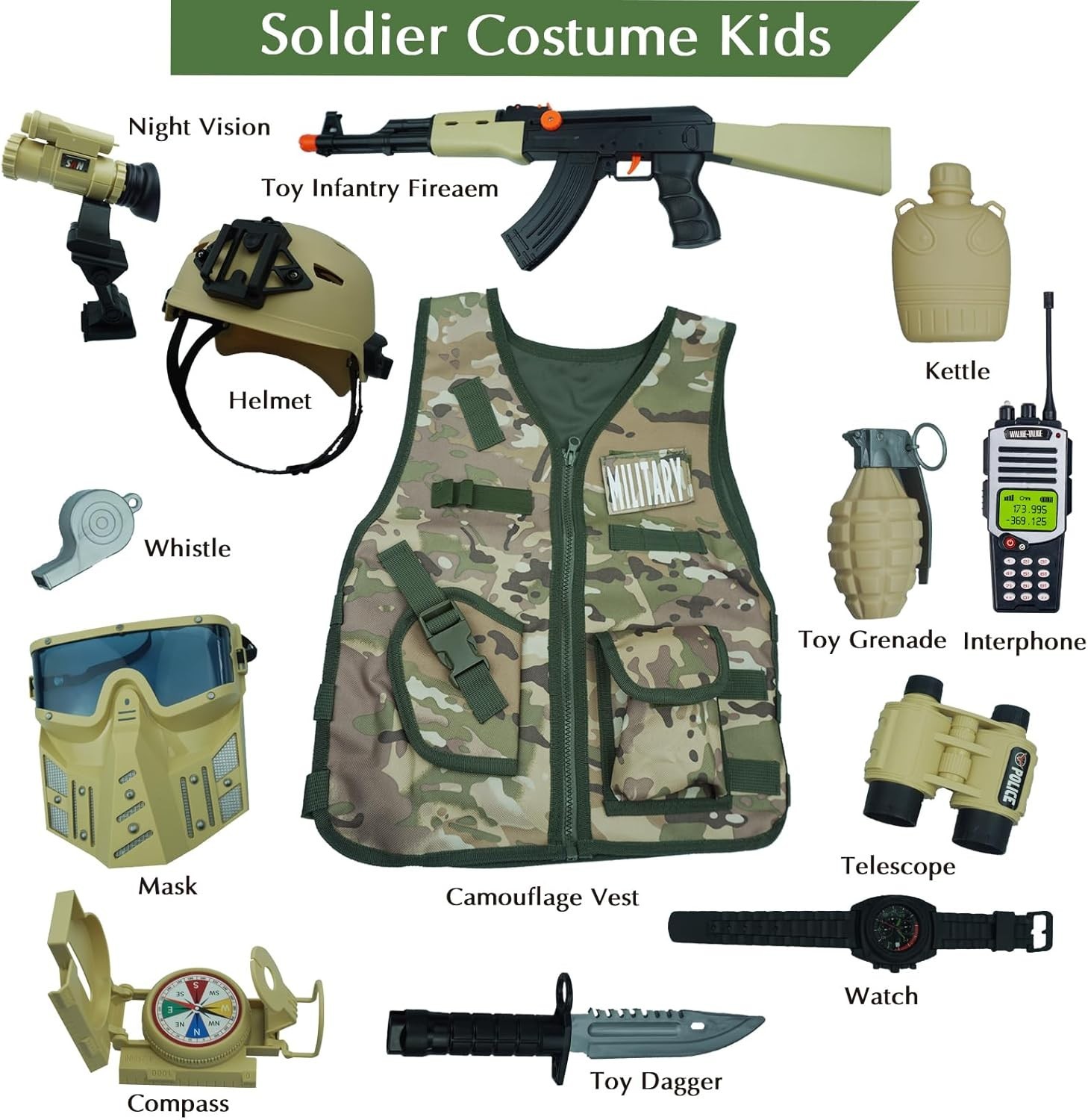 Kids Army Soldier Combat Costume Set with Helmet – 12pc Dress Up for Ages 3-10