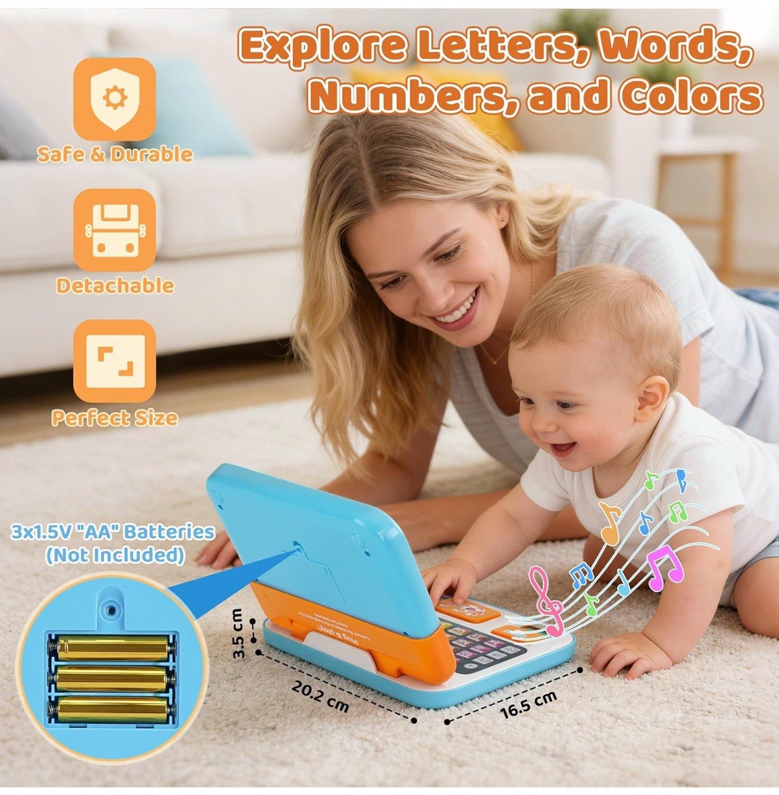 2-in-1 Educational Learning Laptop Toy for Toddlers 1-3yrs Detachable Tablet