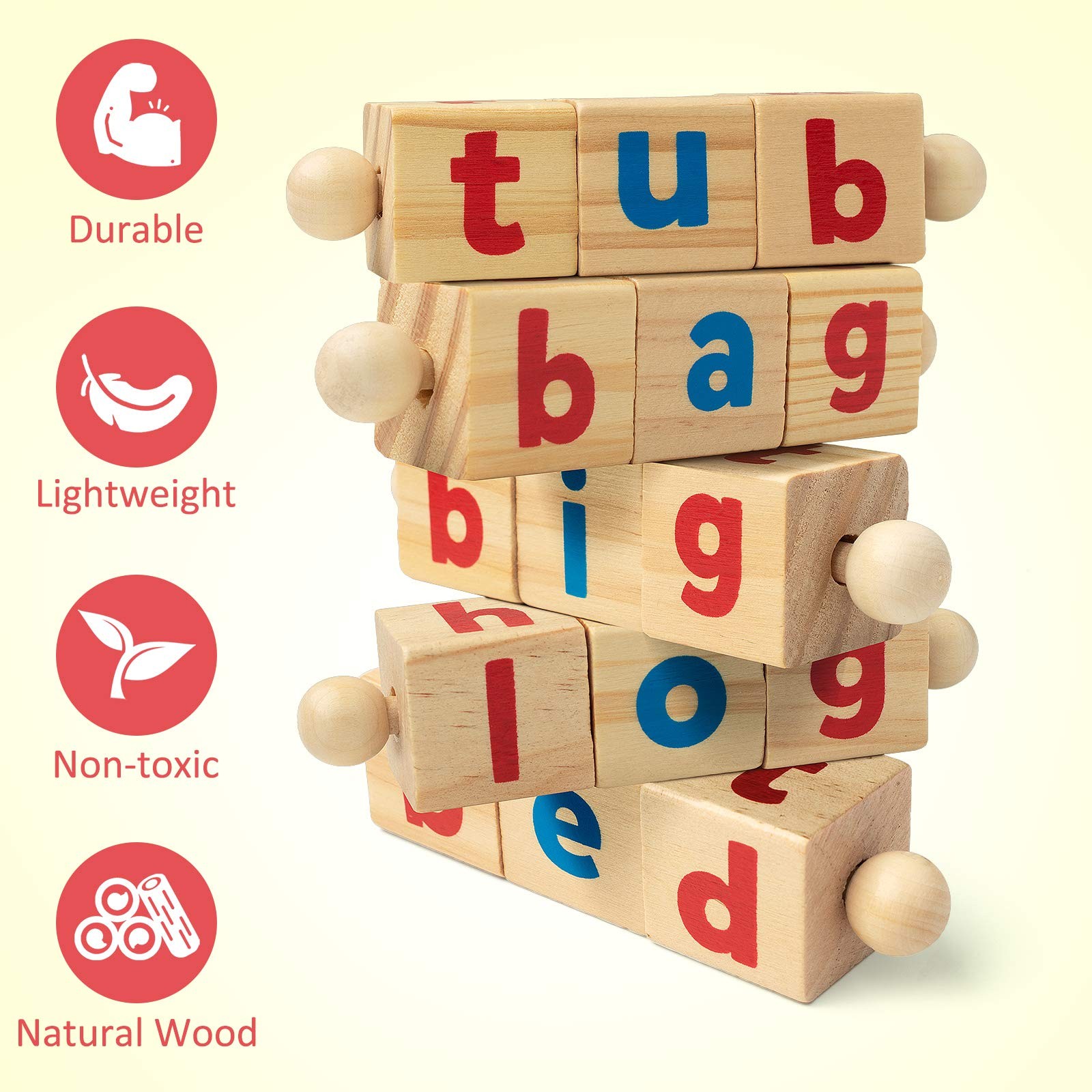 Coogam Wooden Reading Blocks Short Vowel Rods Spelling Games, Flash Cards Turnin