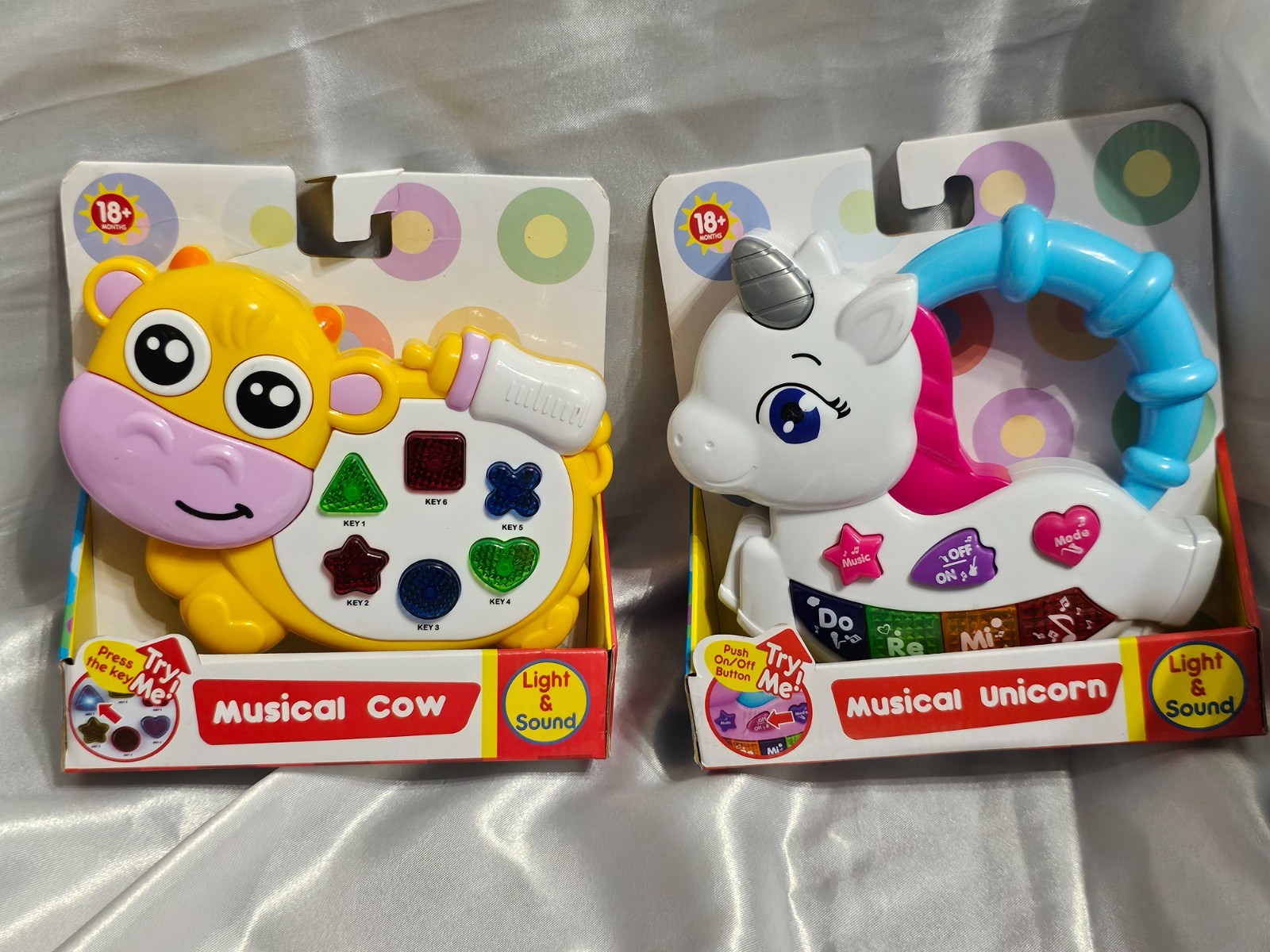 SET OF TWO MUSICAL TOYS FOR 18+ MONTHS – MUSICAL UNICORN & MUSICAL COW BOTH NEW
