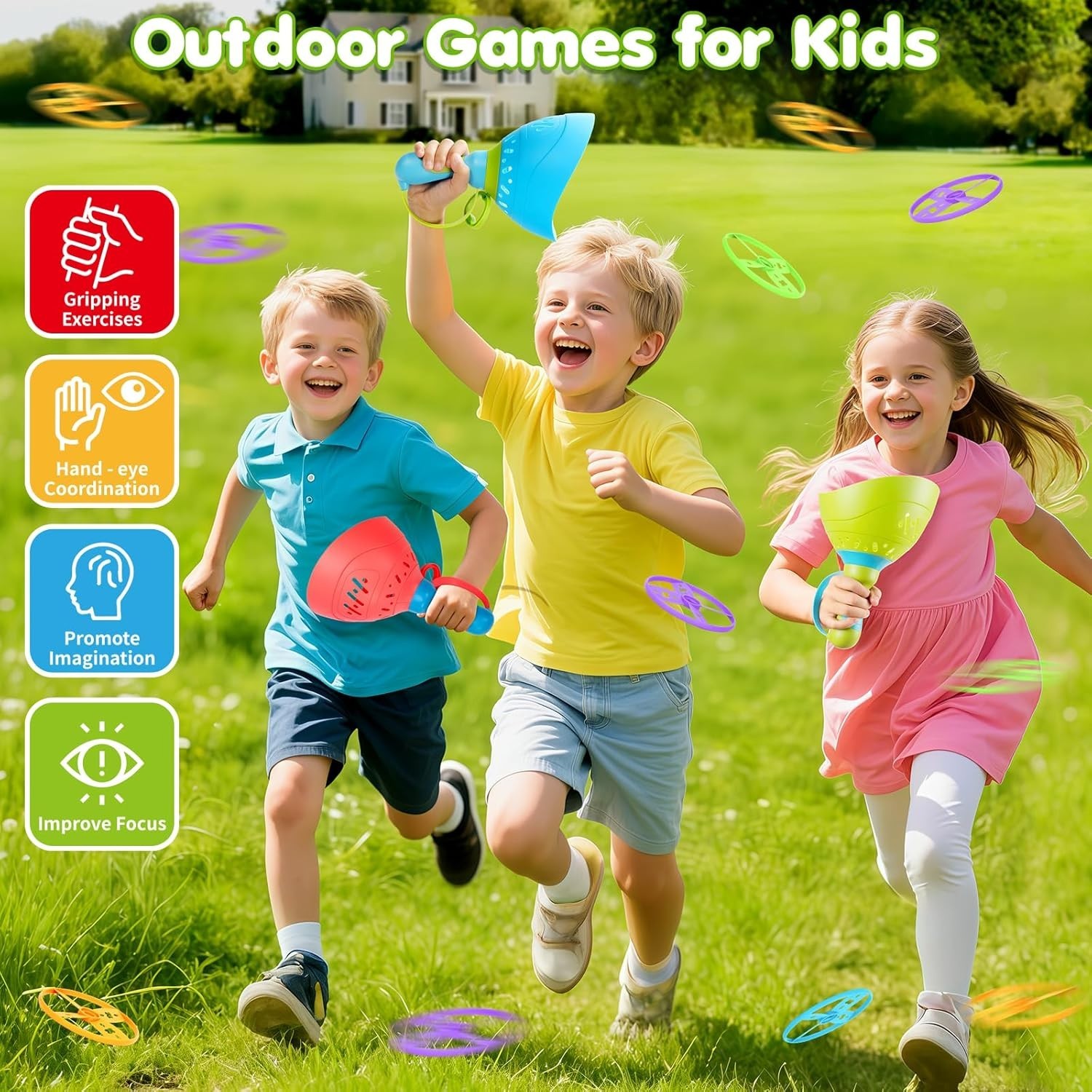 Outdoor Flying Disc Launcher 4 Pack Kids Ages 3-8 Family Games Safe Durable