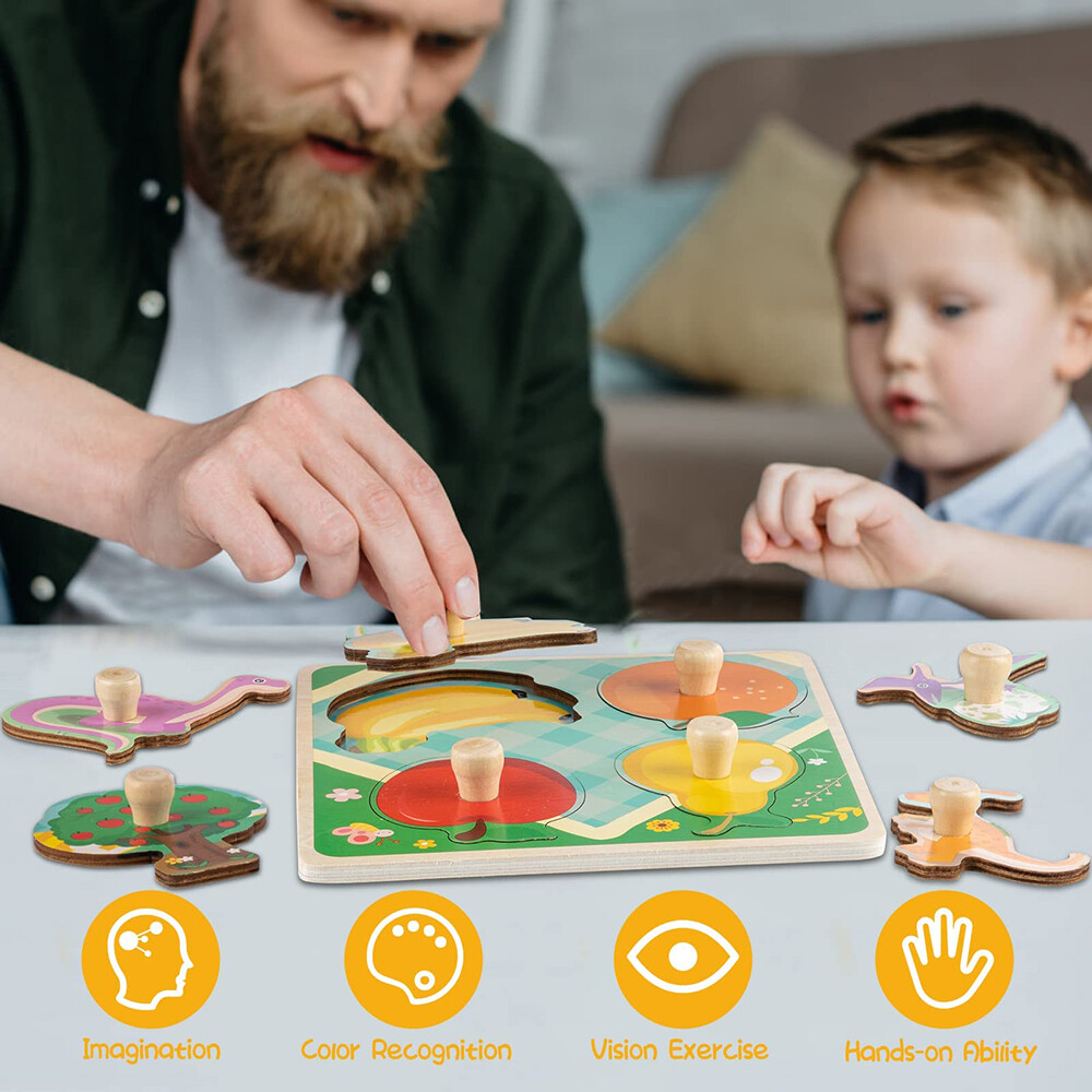 4 Pack Wooden Puzzles For Toddlers Baby Kids 1-3, Animals, Dinosaurs, Fruit