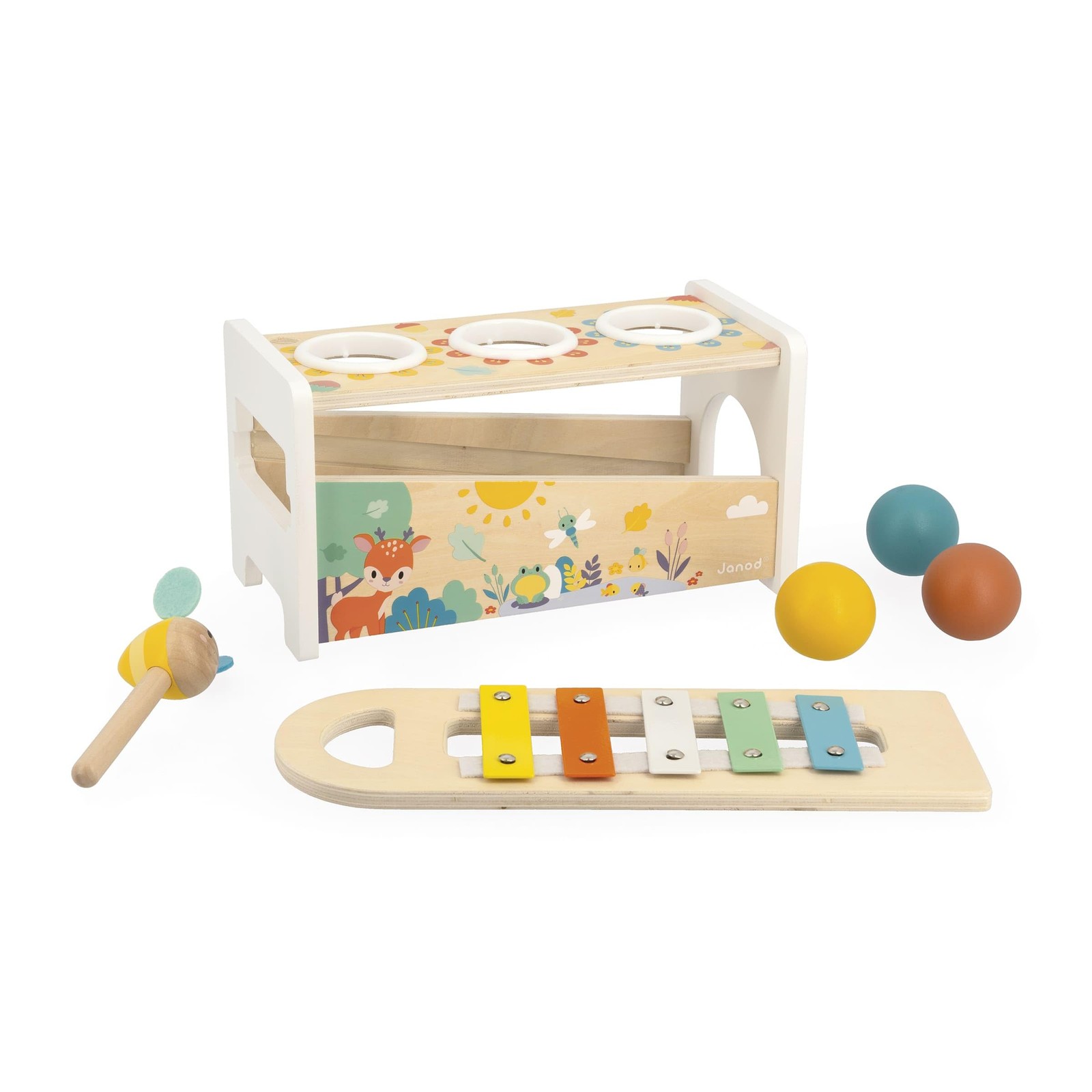 Janod Pure Tap Pastel Wooden Xylophone Pounding Bench Cherry Wood Balls Bee