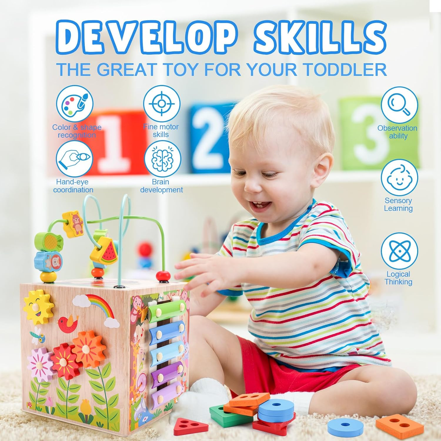 Wooden Activity Cube | Montessori Toys for 1 2 3 Year Old Toddlers | One Year Ol