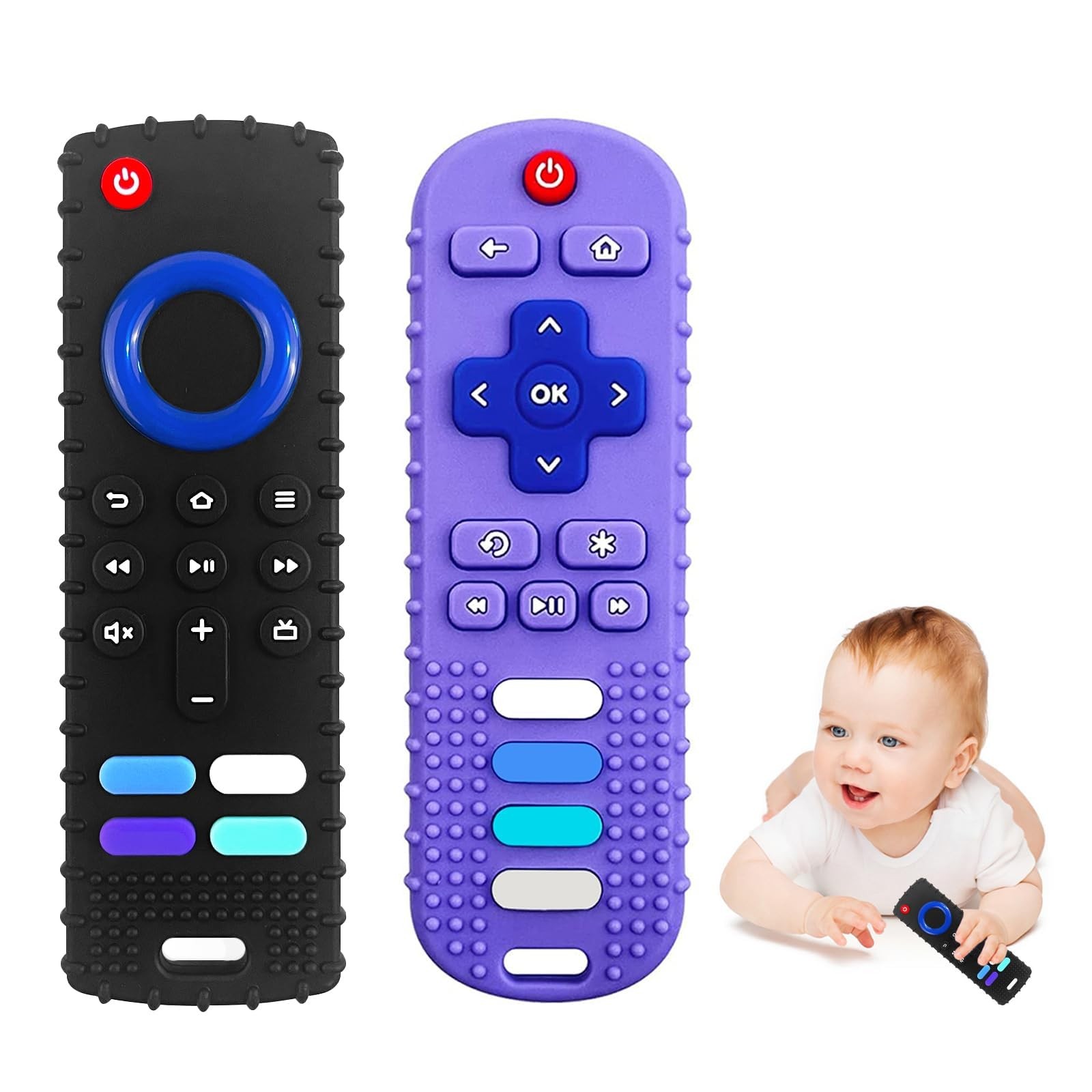 ERSIHUA 2-Pack Silicone Baby Teething Toys, TV Remote New-F Black+R Purple