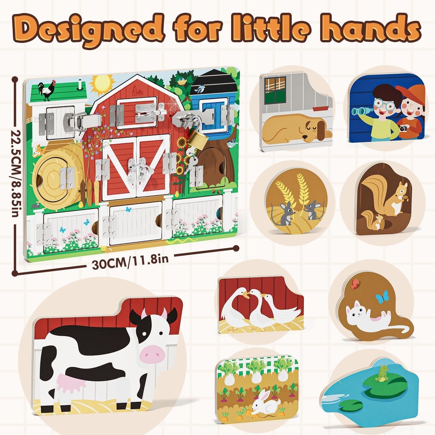 Interactive Montessori Farm Toy – Wooden Busy Board with 9 Puzzles for Toddlers