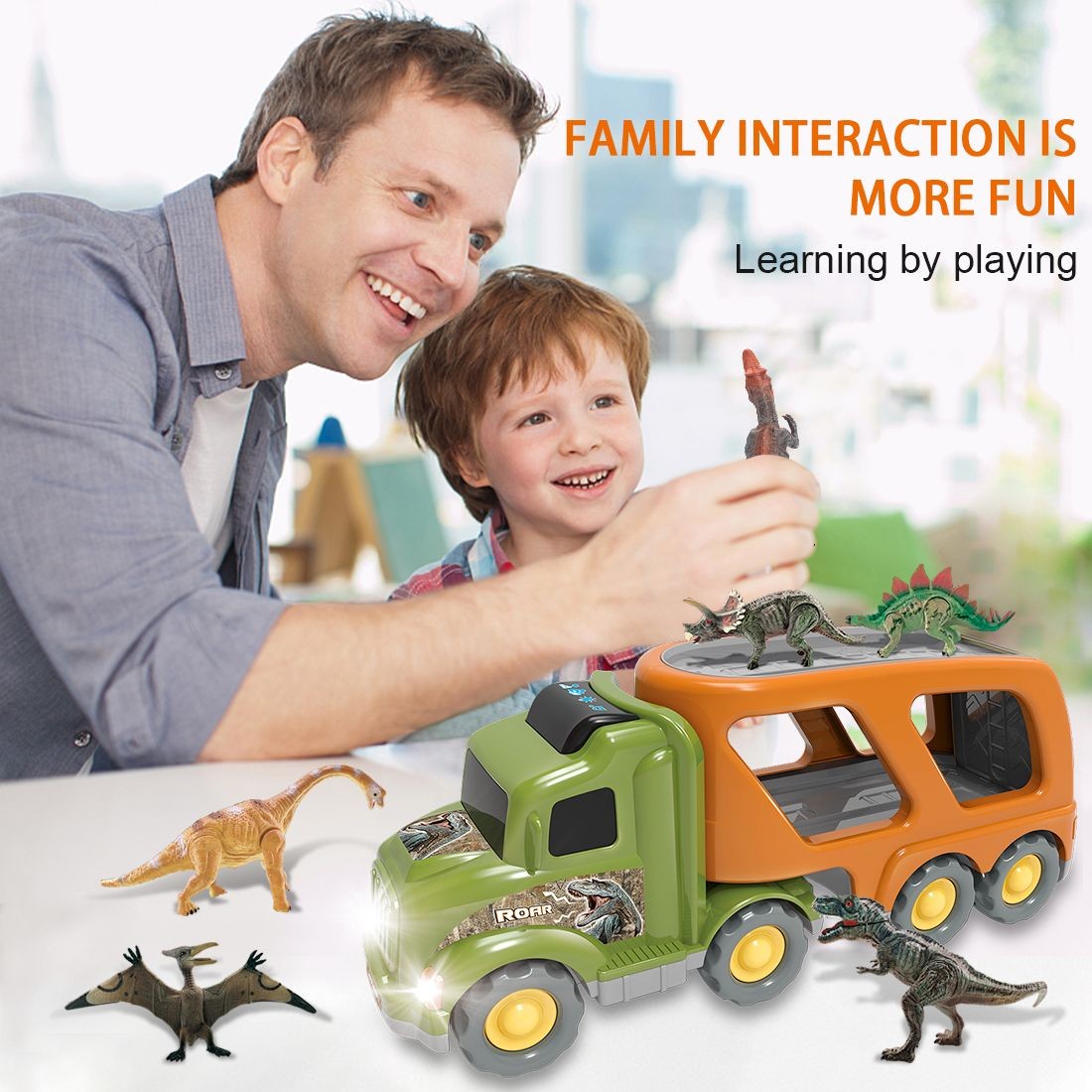 Kids Boys Toy Dinosaur Play Set w/ Car Transport Truck Jurassic Action Figures