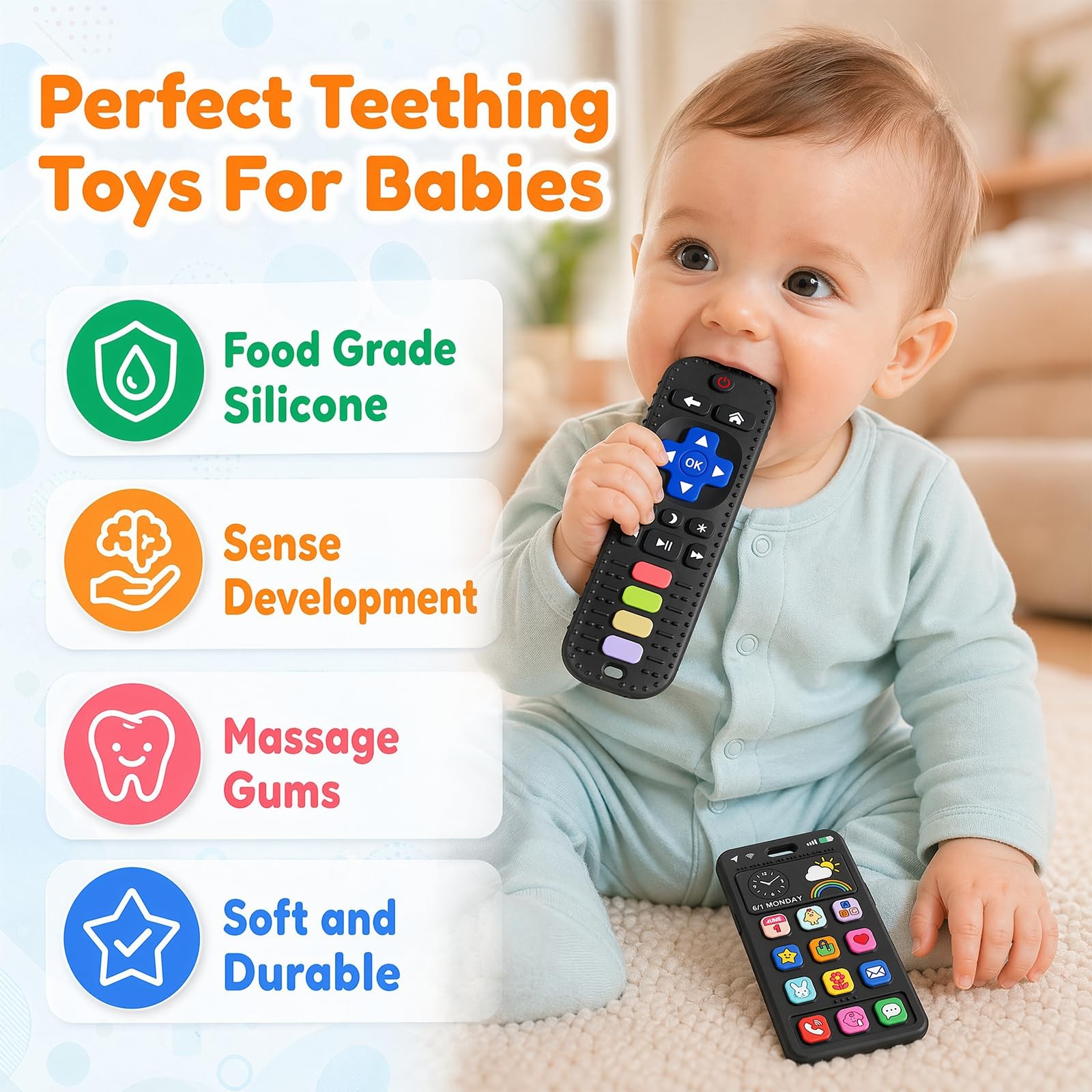 Baby Silicone Phone Teether, Realistic Mobile Teething Toy for Black 1