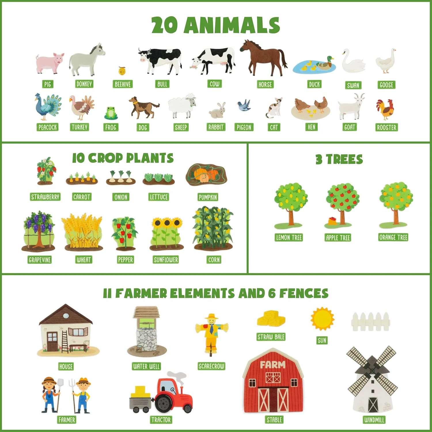 BONNYCO Felt Board for Toddlers with 92 Animal Farm Figures. Montessori and Sens