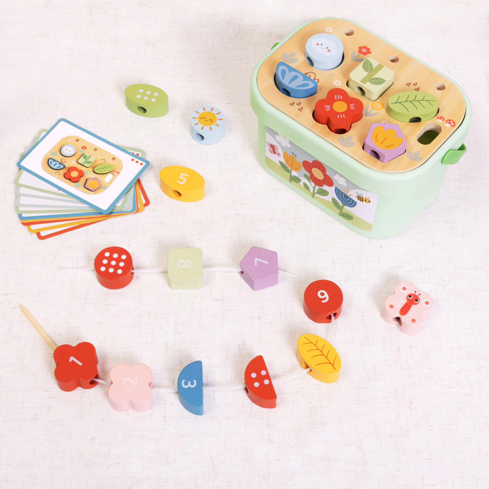 Wooden Stacking Beads Game Toddler Montessori Learning Toy with Storage Box