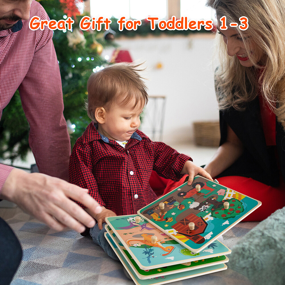 4 Pack Wooden Puzzles For Toddlers Baby Kids 1-3, Animals, Dinosaurs, Fruit