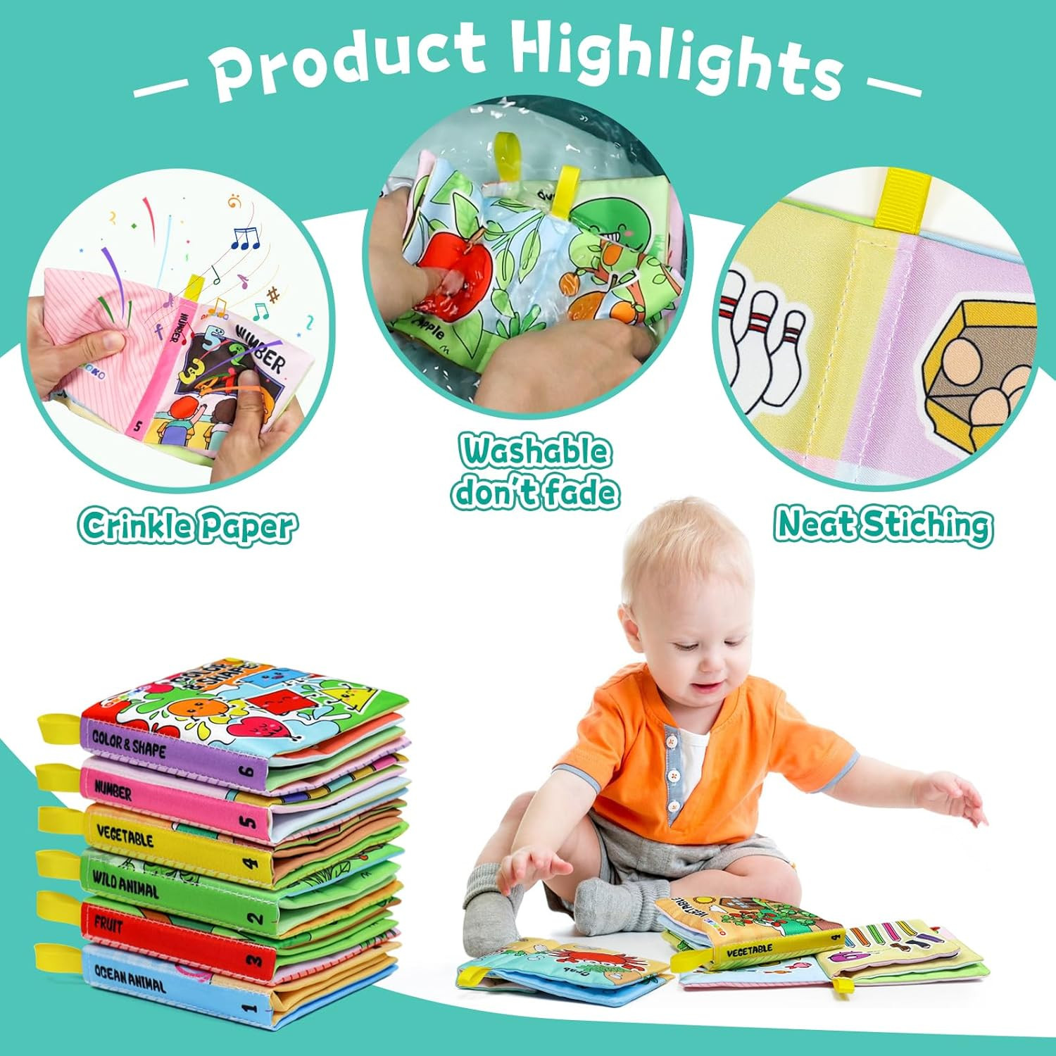 Soft Baby Books 6PCS Soft Cloth Books Bath Books Crinkle Washable Non-Toxic Earl