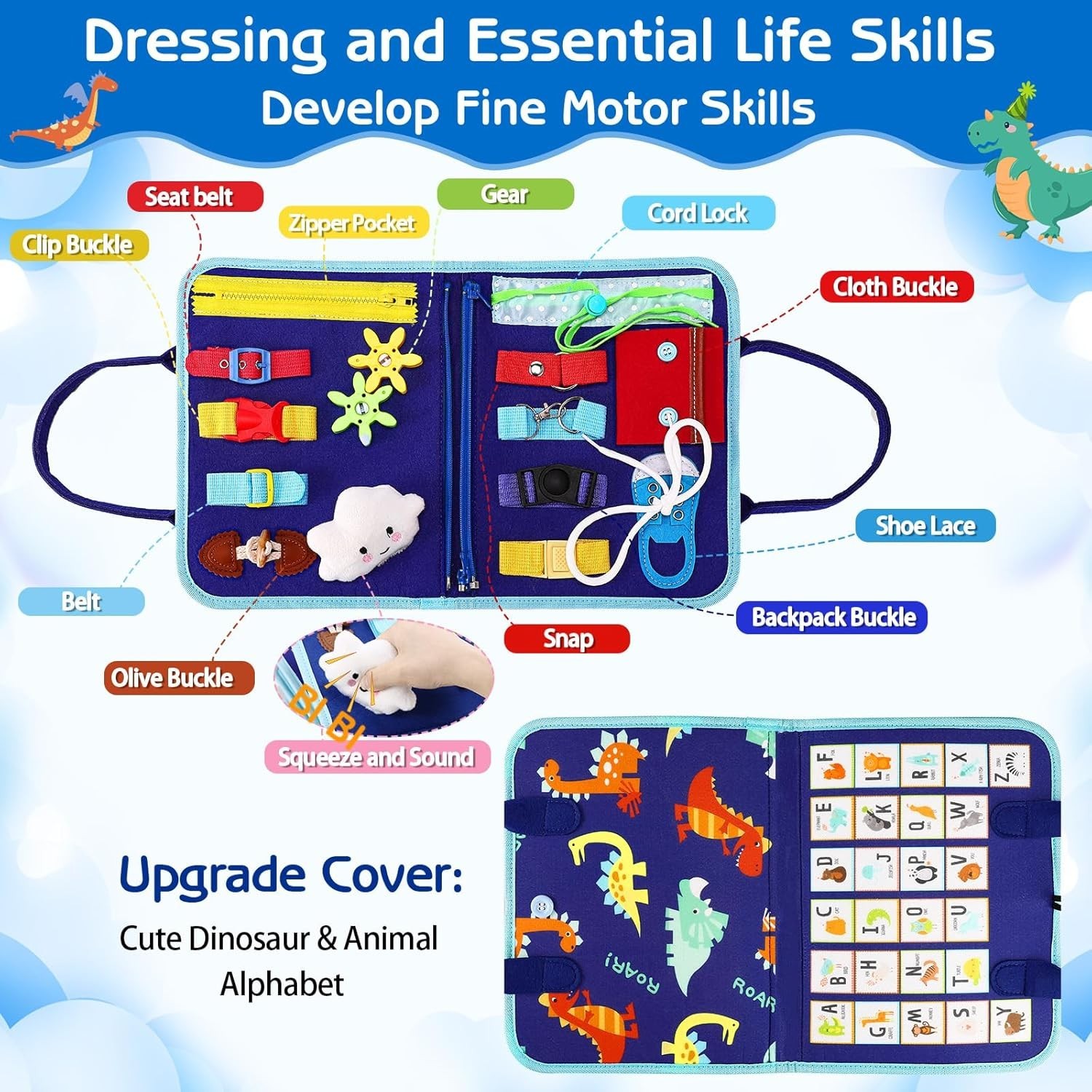 Toddler Busy Board – Blue Dinosaur Activities for Learning Fine Motor Skills
