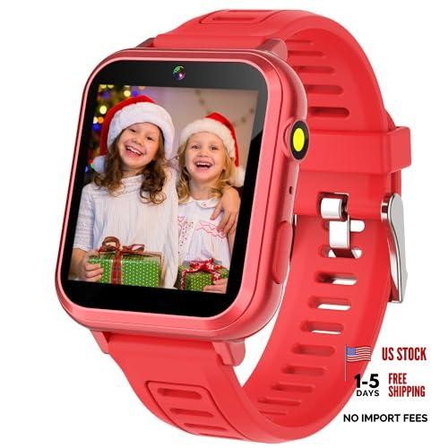Kids Smart Watch Gift for Girls Age 6-12, 24 Puzzle Games HD Touch Deep Red