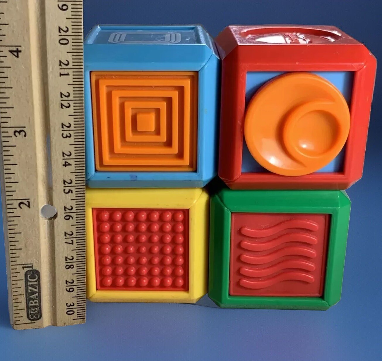 FISHER PRICE 4 Blocks Activity Cubes Tactile Toys Stack Shapes Clean Colorful