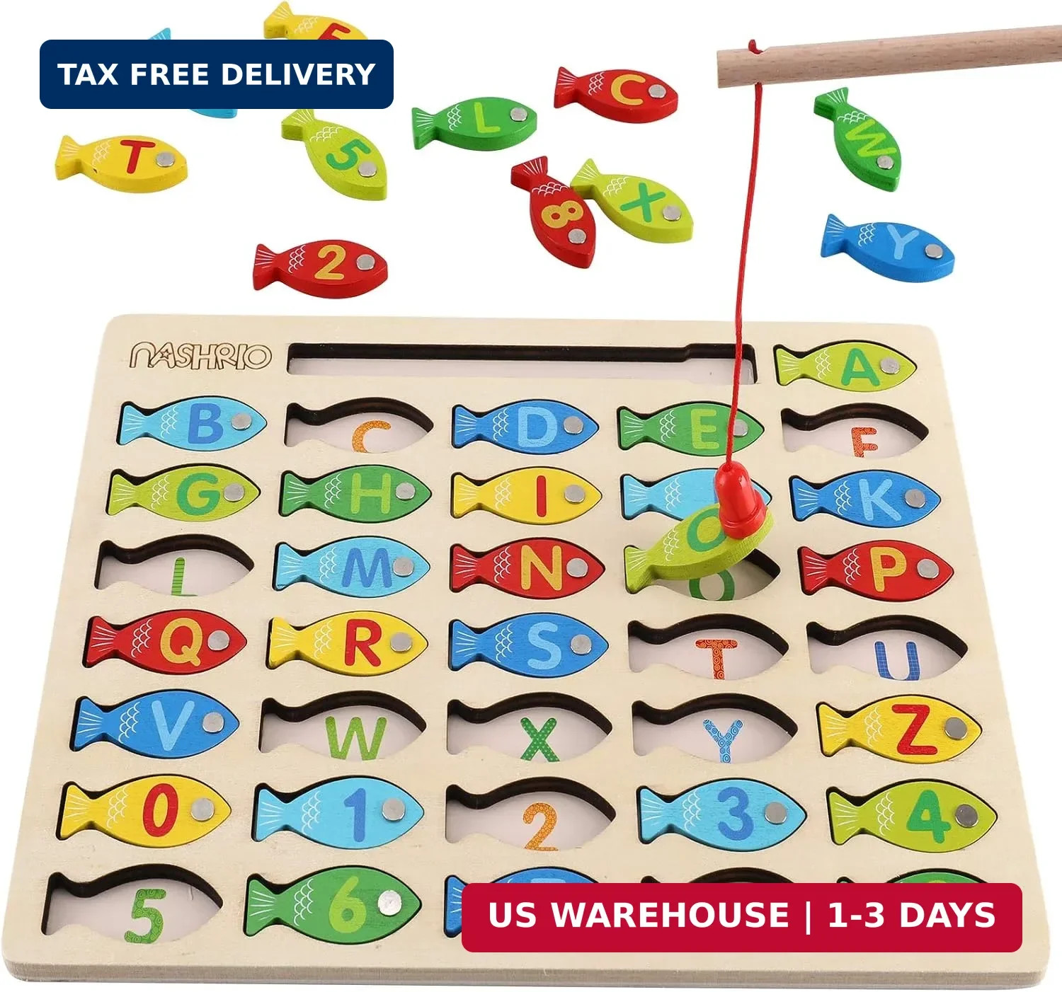 Magnetic Wooden Fishing Game Toy for Toddlers, Alphabet Fish Catching Counting G