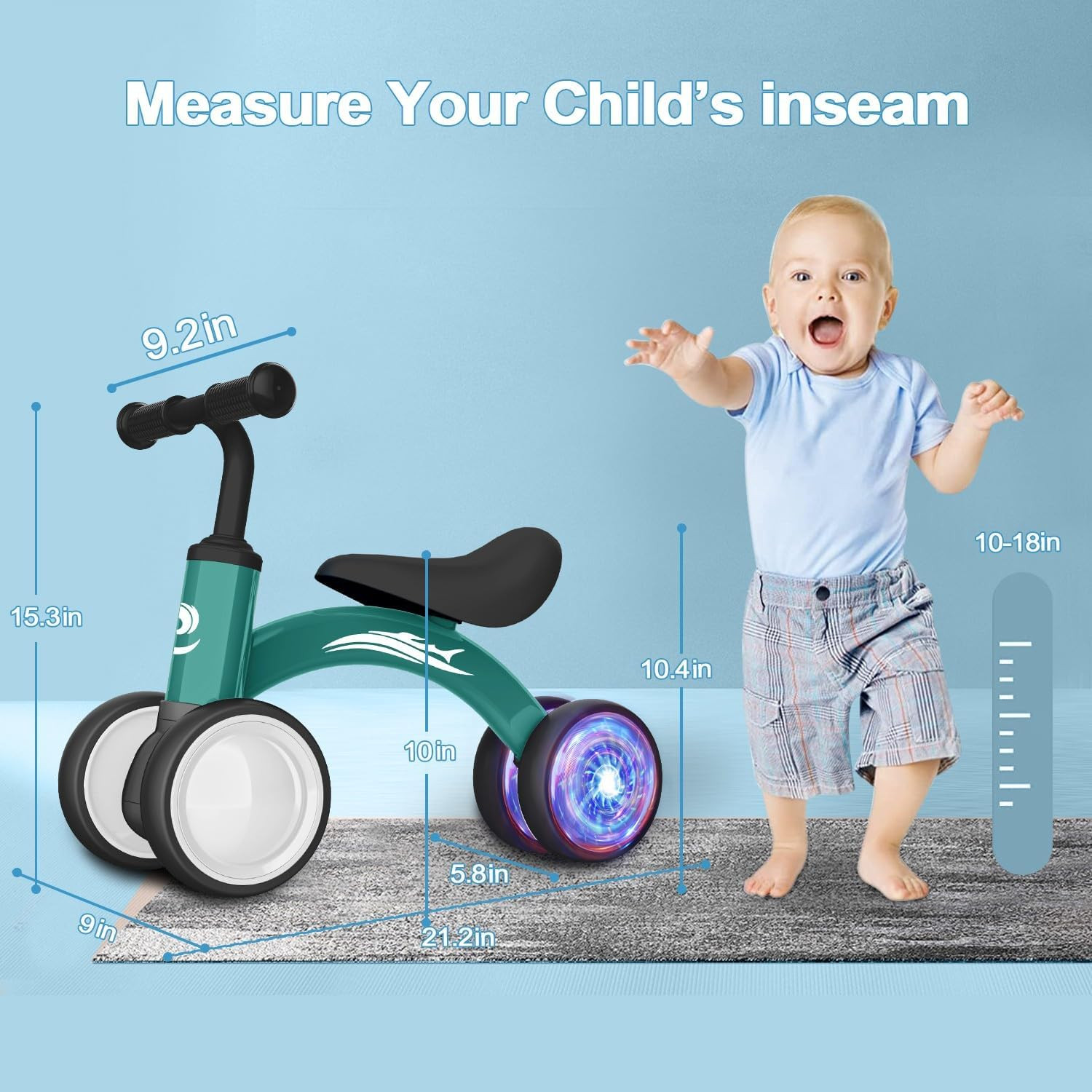Colorful Lighting Baby Balance Bike Toys for 1 Year Old Boy Girl Gifts, 10-36 Mo