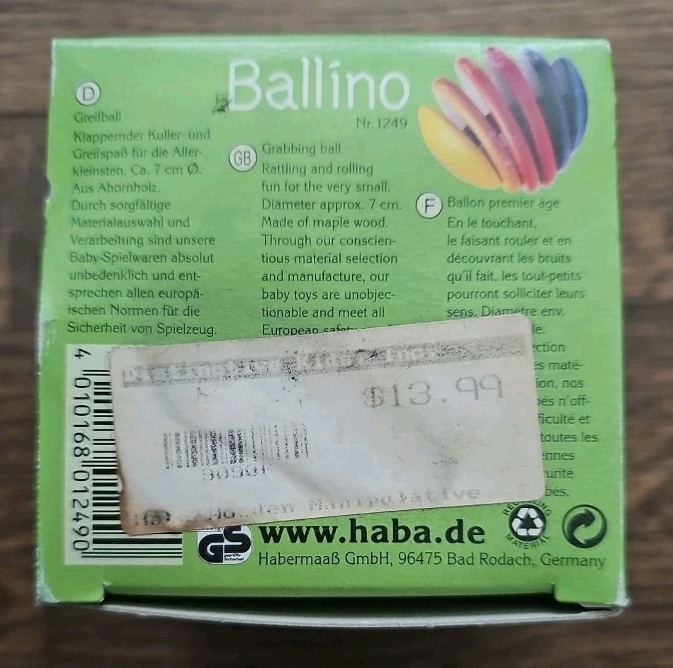 HABA Ballino Wooden Baby Grasping Ball Toy 1249 NEW Montessori Rattle