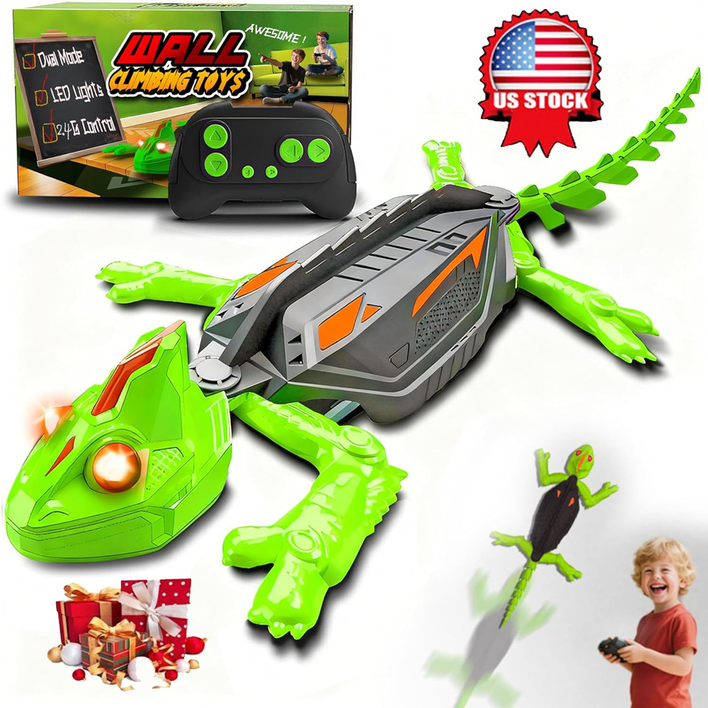 Remote Control Climbing Chameleon Toy, RC Lizard with LED Eyes for Wall & Floor