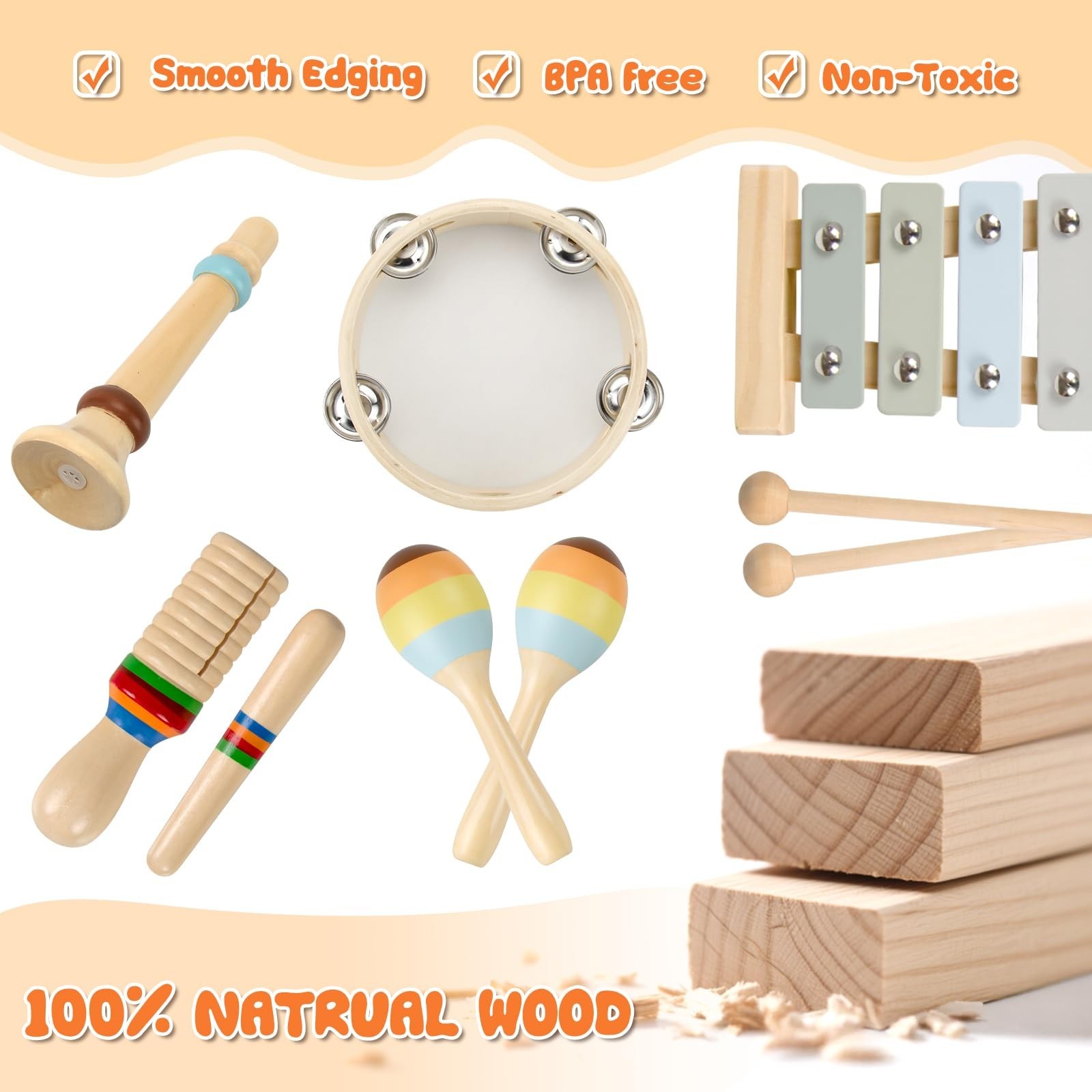 Baby Musical Instruments-Montessori Wooden Toys for Toddlers 1-3 Neutral Colors