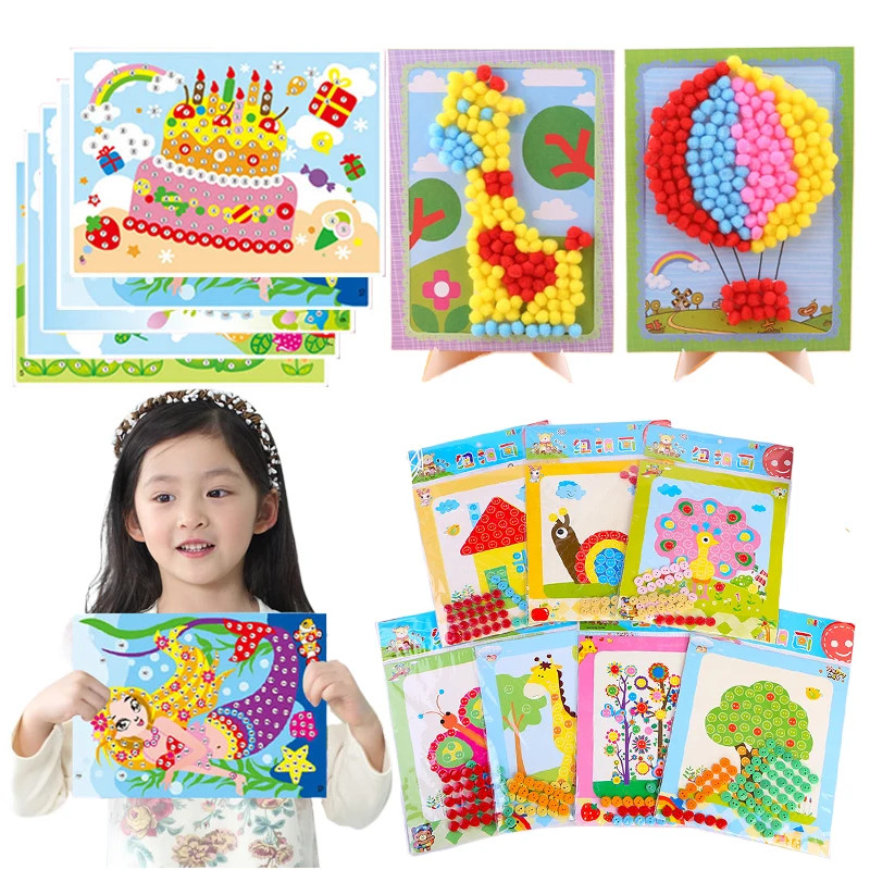 Children Handmade DIY Toys Button/Pompom/Diamond Stickers Drawing Toy Puzzle