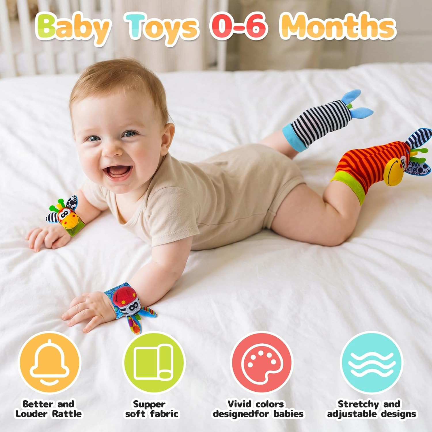 Baby Toys 0-6 Months, Infant Rattle Socks, Wrist Hand & Foot Finder Socks Set,So