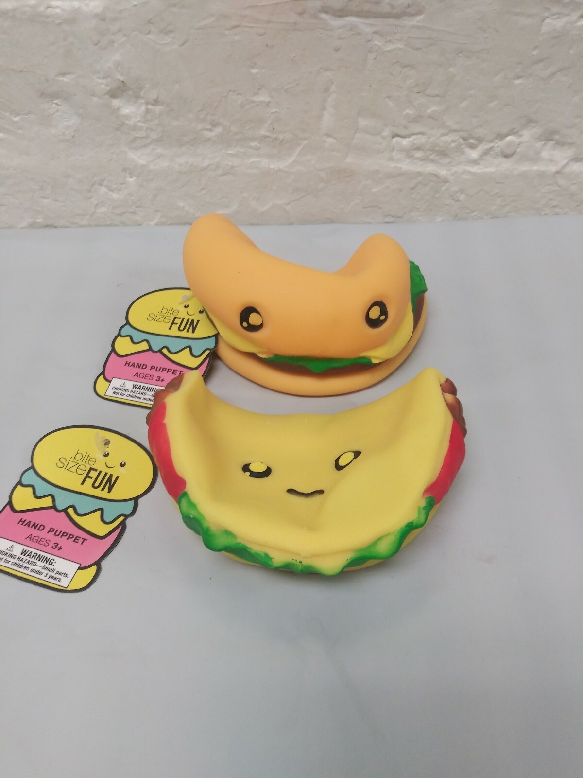 LOT OF 2 X Rubber Hand Puppet Kid Toys, Bite Size Fun Hamburger