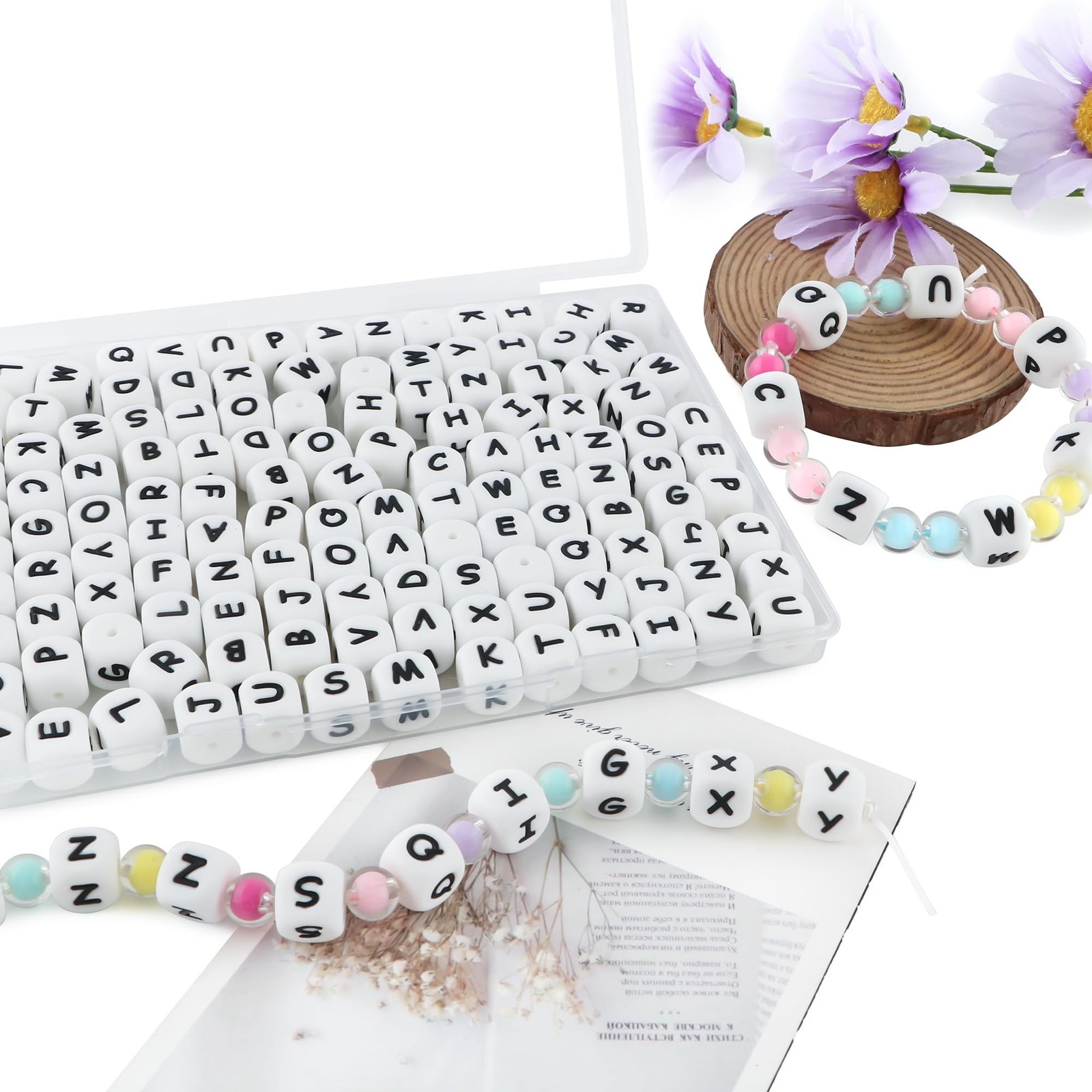 130Pcs 12mm White Square Silicone Letter Beads A-Z, Cube Alphabet Silicone Be…
