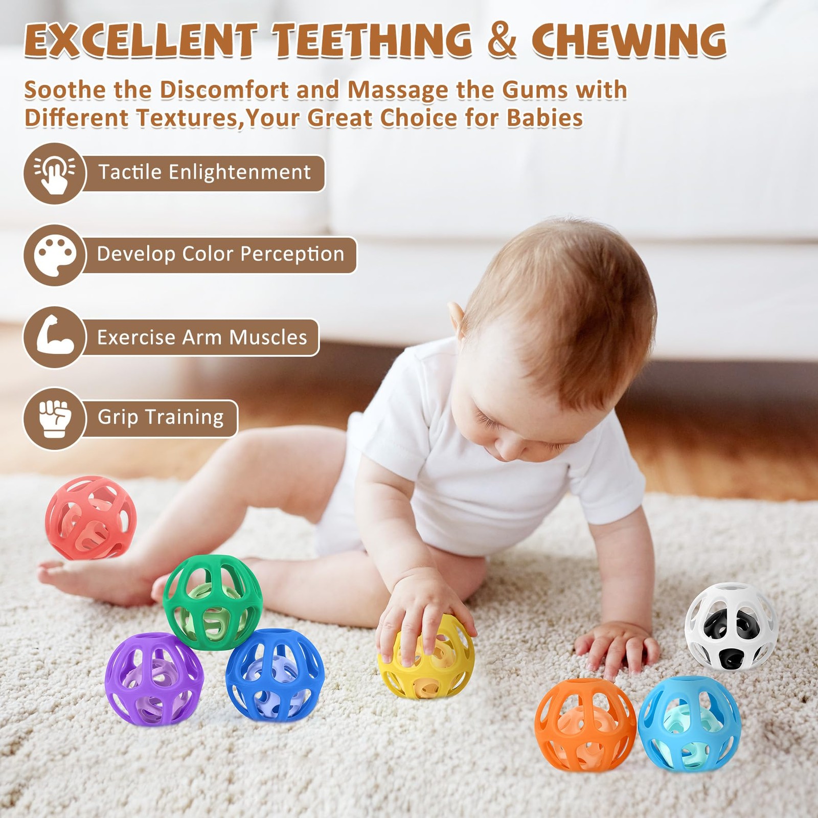 MCGMITT Baby Ball Toy with Holes, 8PCS Easy Grip Food Grade Medium, Colorful