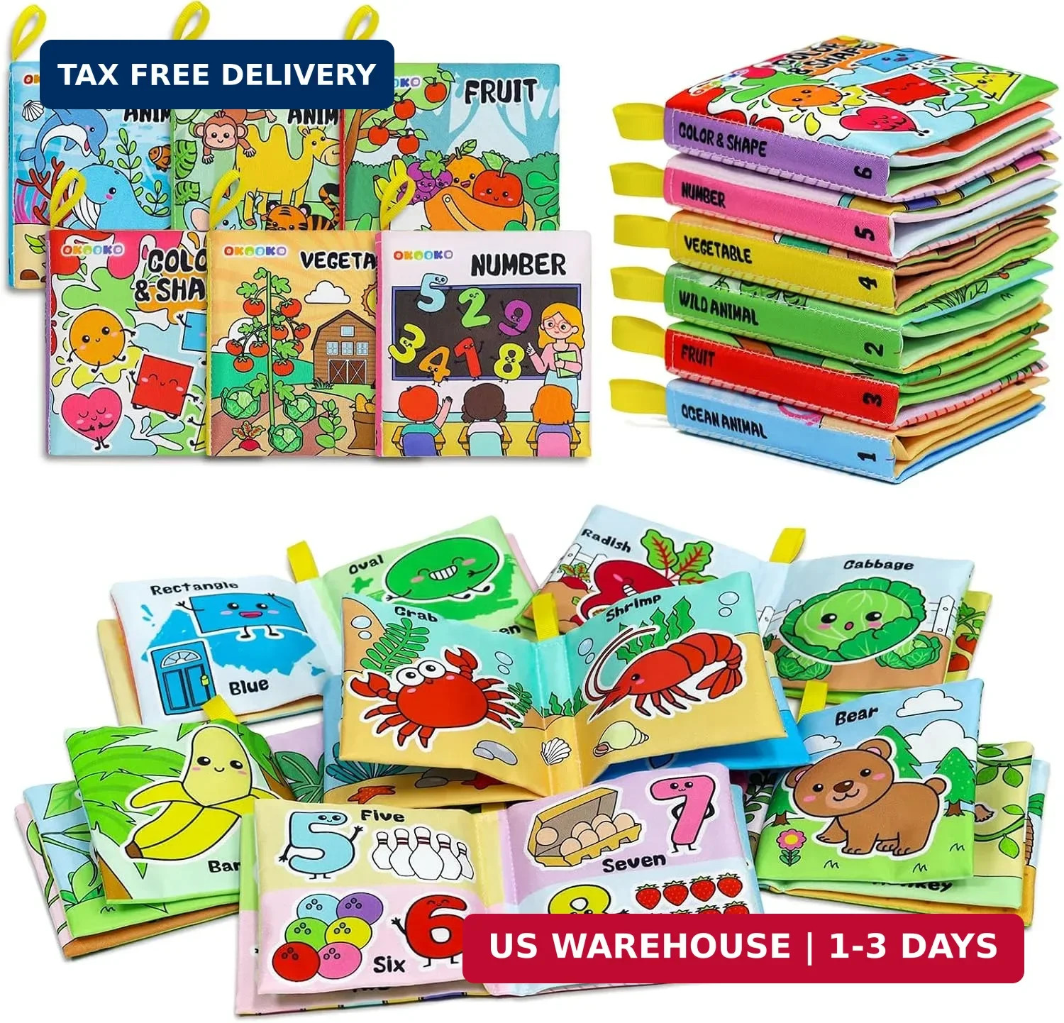 OKOOKO Soft Baby Books 6PCS Soft Cloth Books Bath Books Crinkle Washable Non-Tox