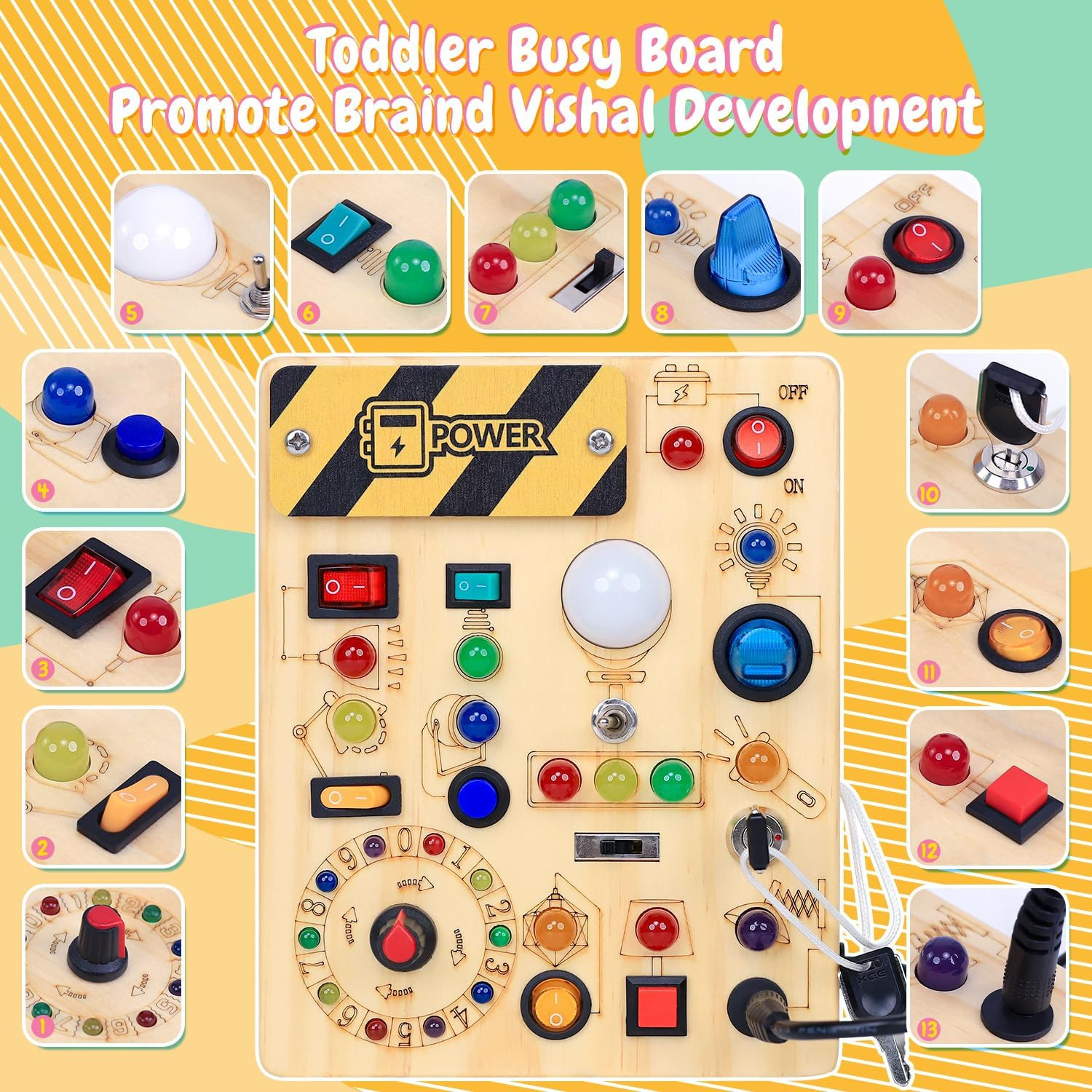 Busy Board with LED Light Switches Montessori Toys for 1 2 3 Years Old Toddlers