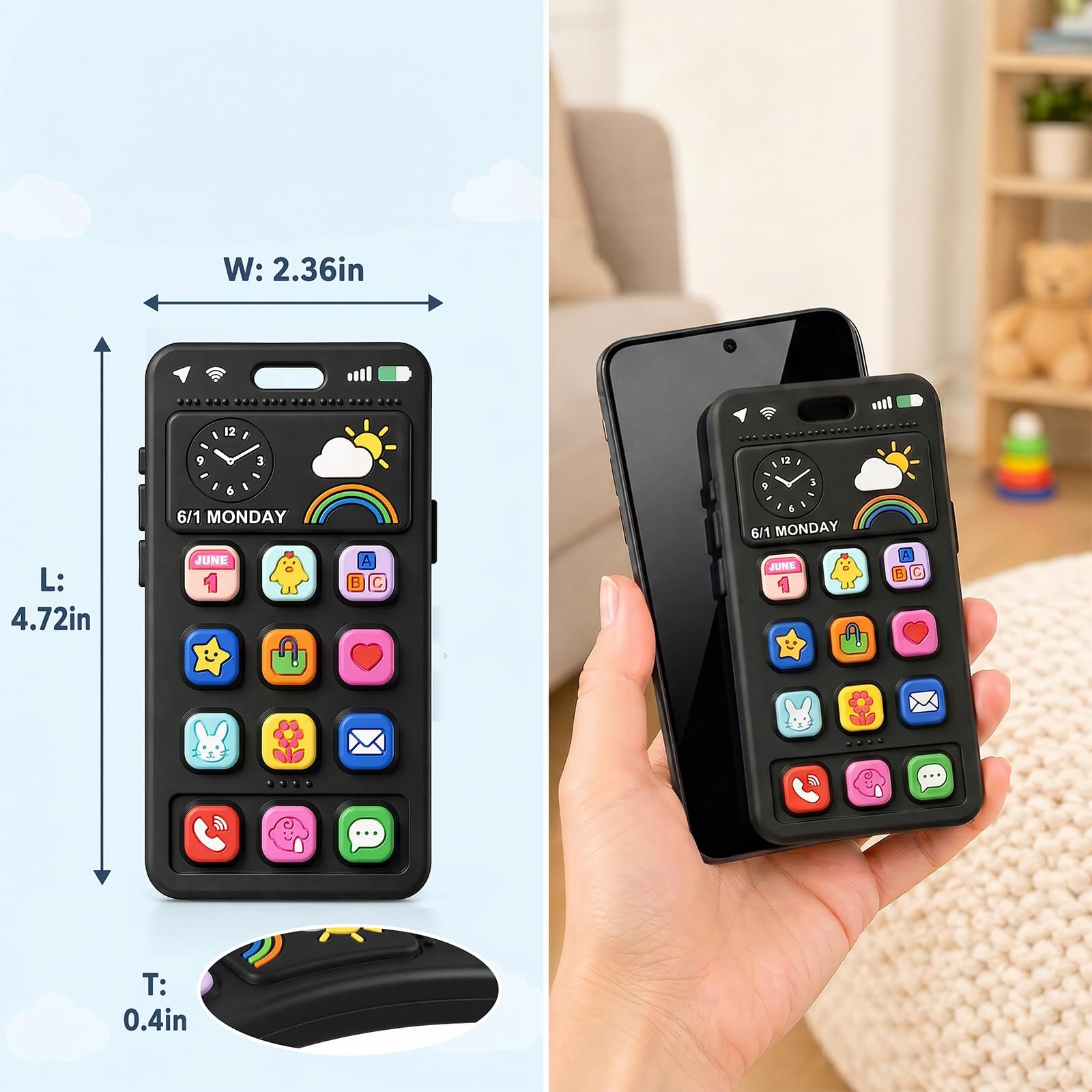 Baby Silicone Phone Teether, Realistic Mobile Teething Toy for Black 1