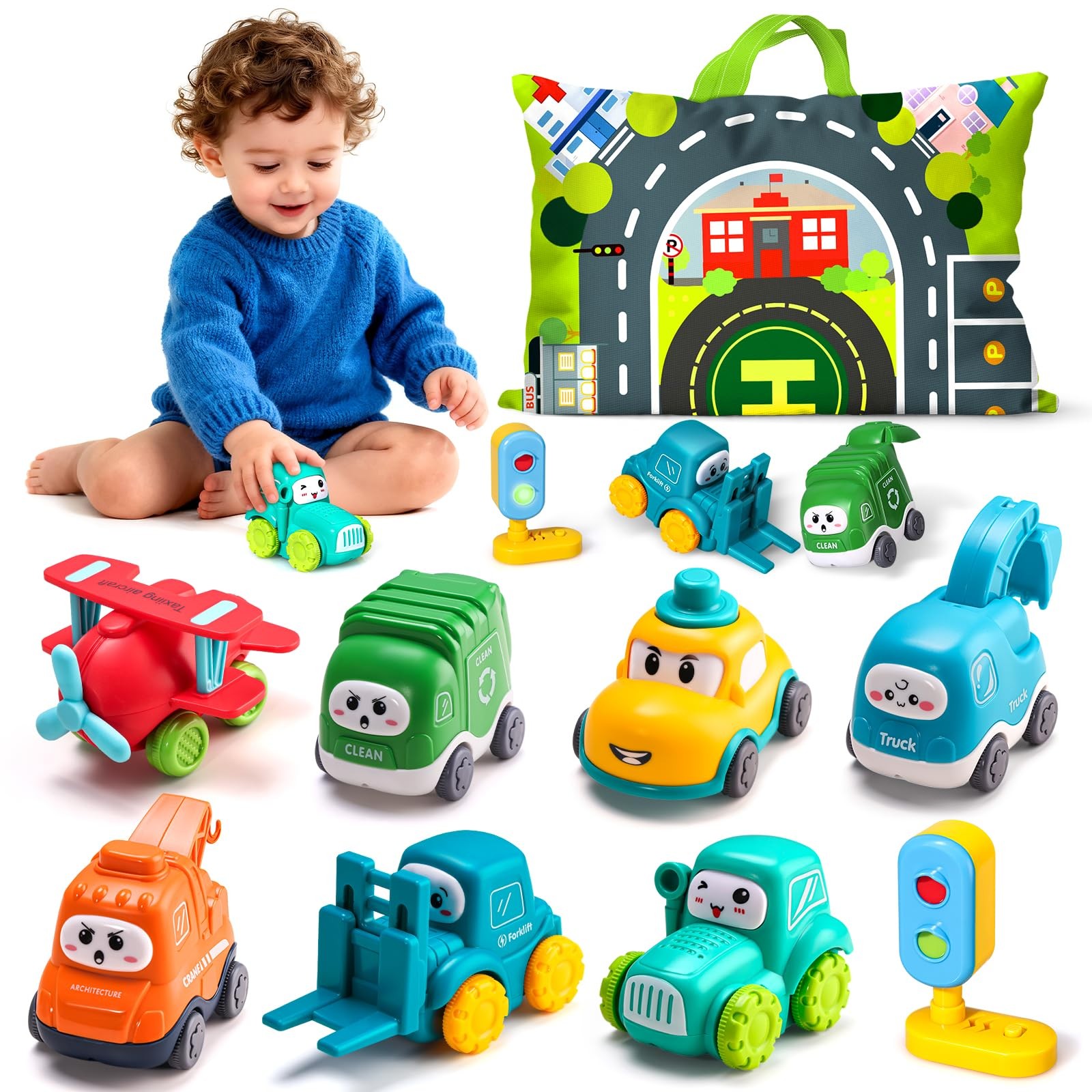 ALASOU 8 PCS Baby Cranes Car Toys for 1 Year Old Boy with Small, Multicolor