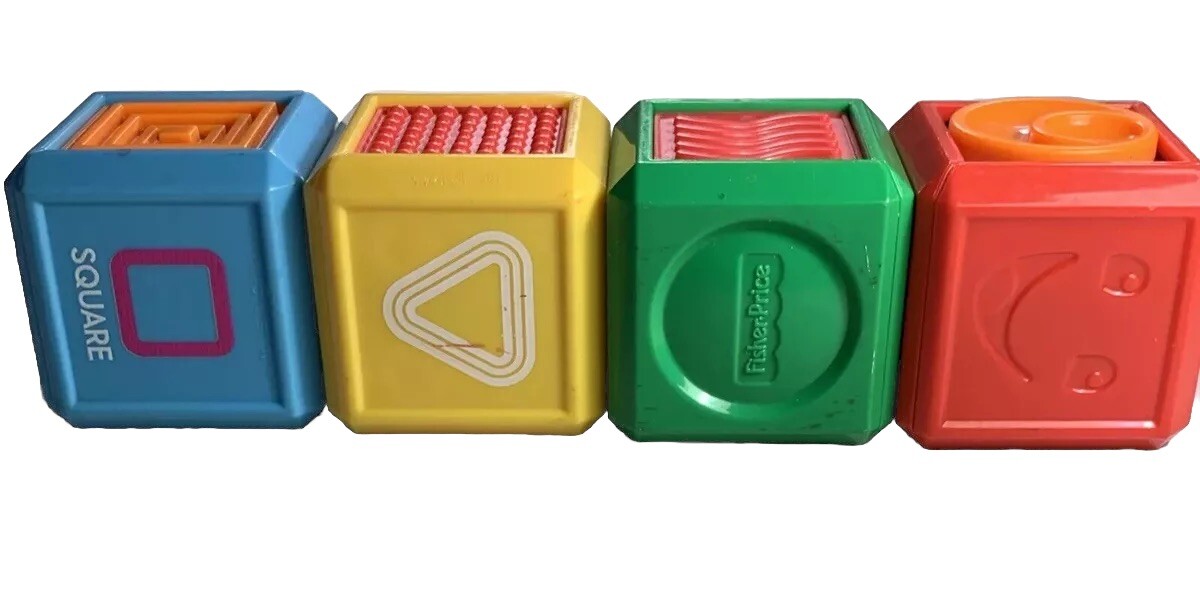 FISHER PRICE 4 Blocks Activity Cubes Tactile Toys Stack Shapes Clean Colorful